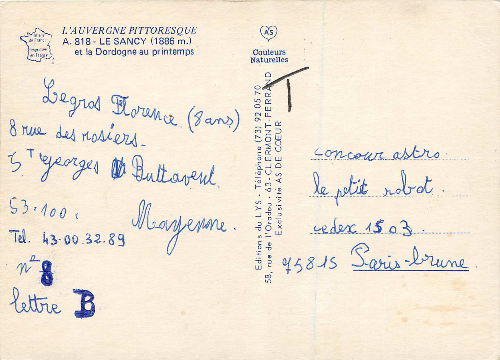 Le Sancy (1886 m.) — A. 818 — La Dordogne au printemps — Éditions AS de Coeur — Back