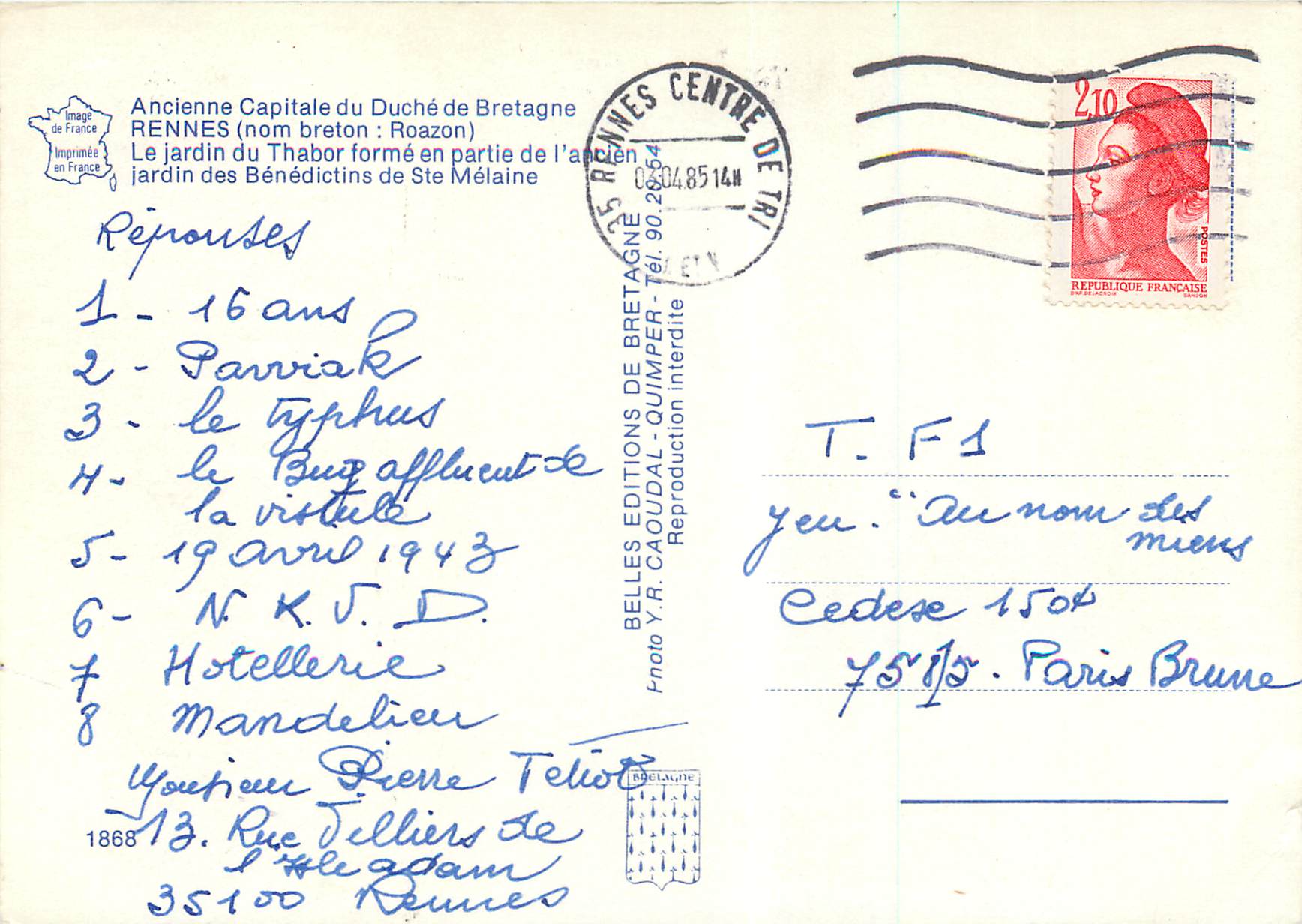 CPM Ancienne Capitale du Duche de Bretagne Rennes (nom breton Roazon) — Verso