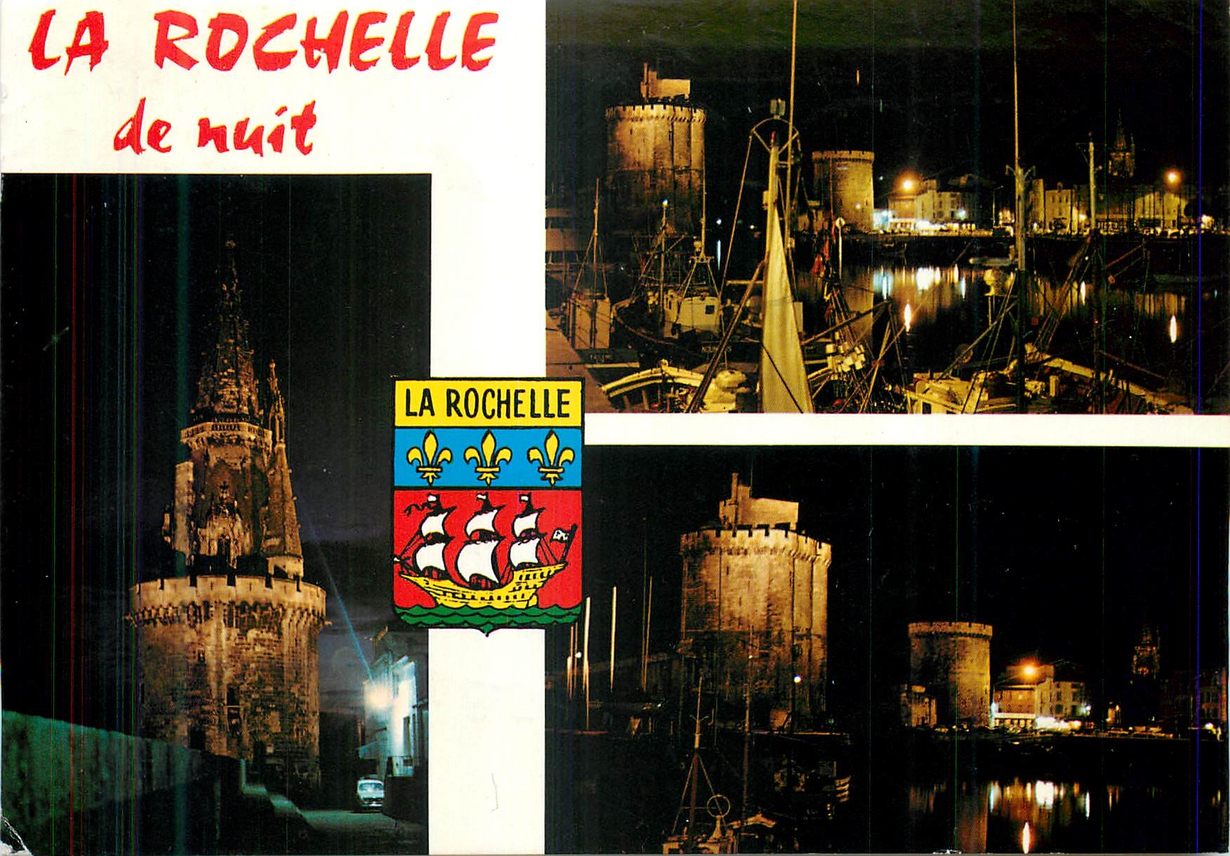 La Rochelle de nuit — vue nocturne du port et des tours — Imprimerie de France, série MT 423