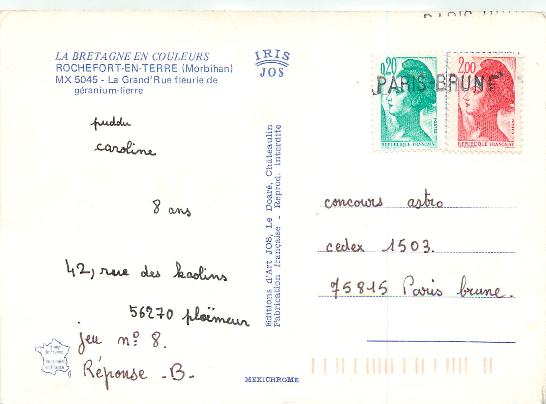 CPM La Bretagne en couleurs Rochefort en terre (Morbihan)La Grande Rue fleurie de geranium lierre — Rückseite