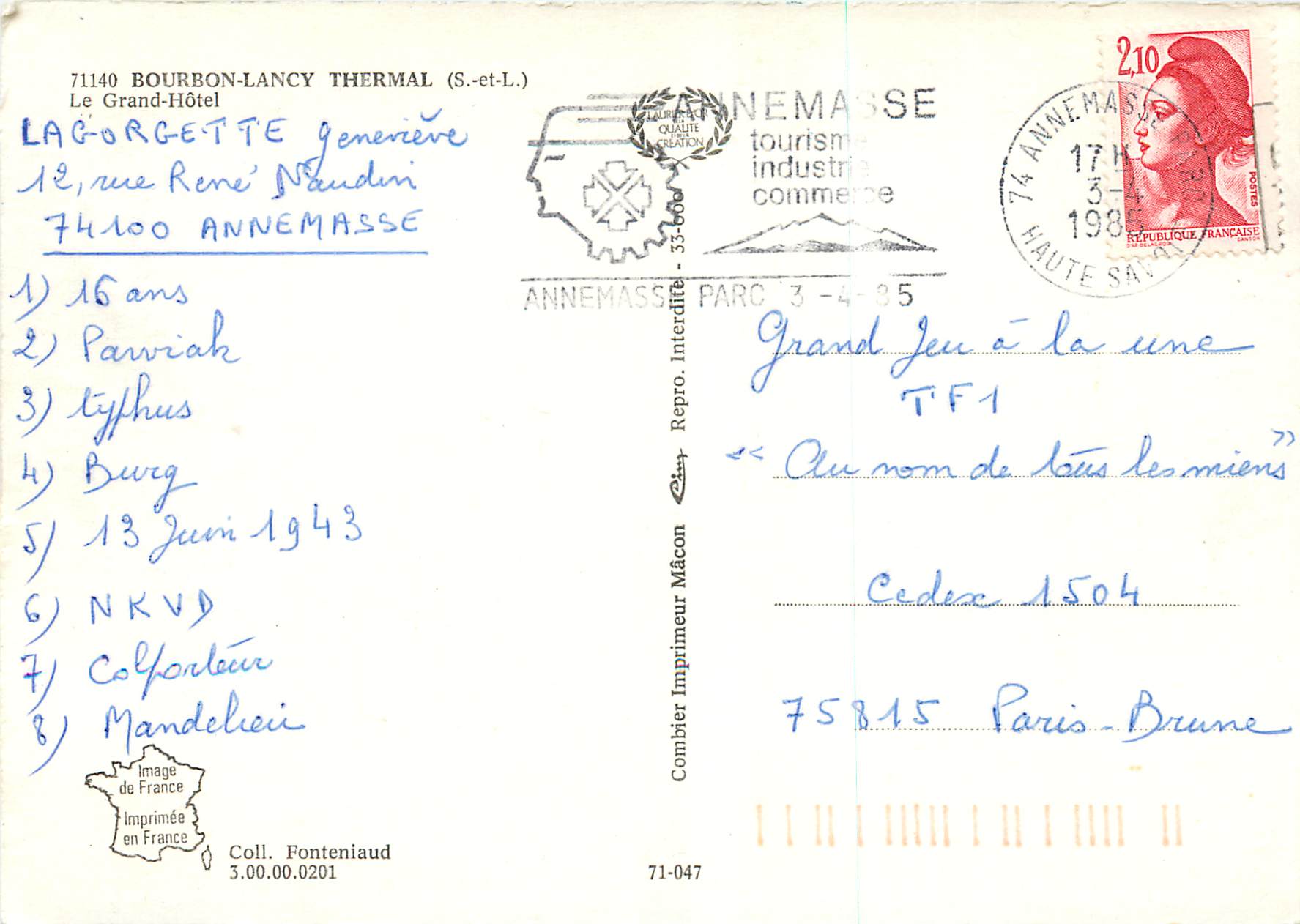 CPM Bourbon Lancy Thermal  (S et L)Le Grand Hotel — Rückseite