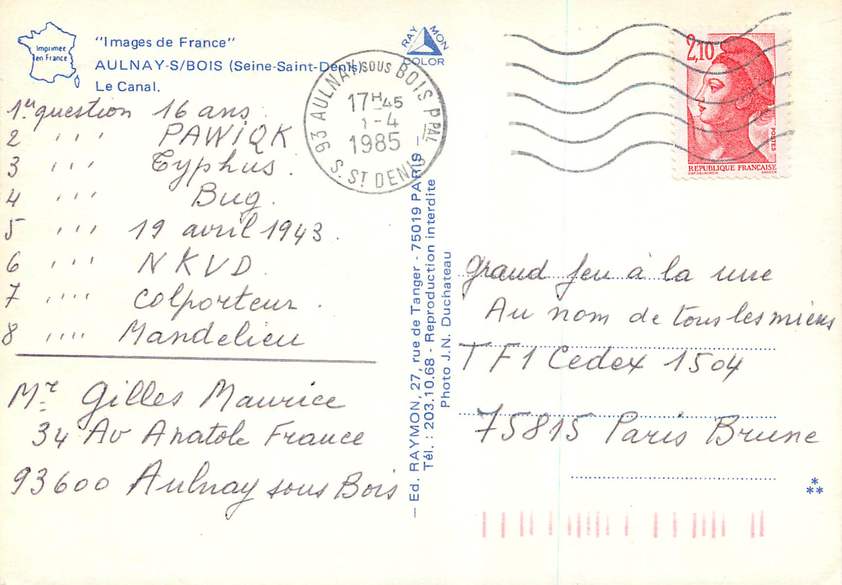 CPM Images de France Aulnay Bois (Seine Saint Denis) — Rückseite