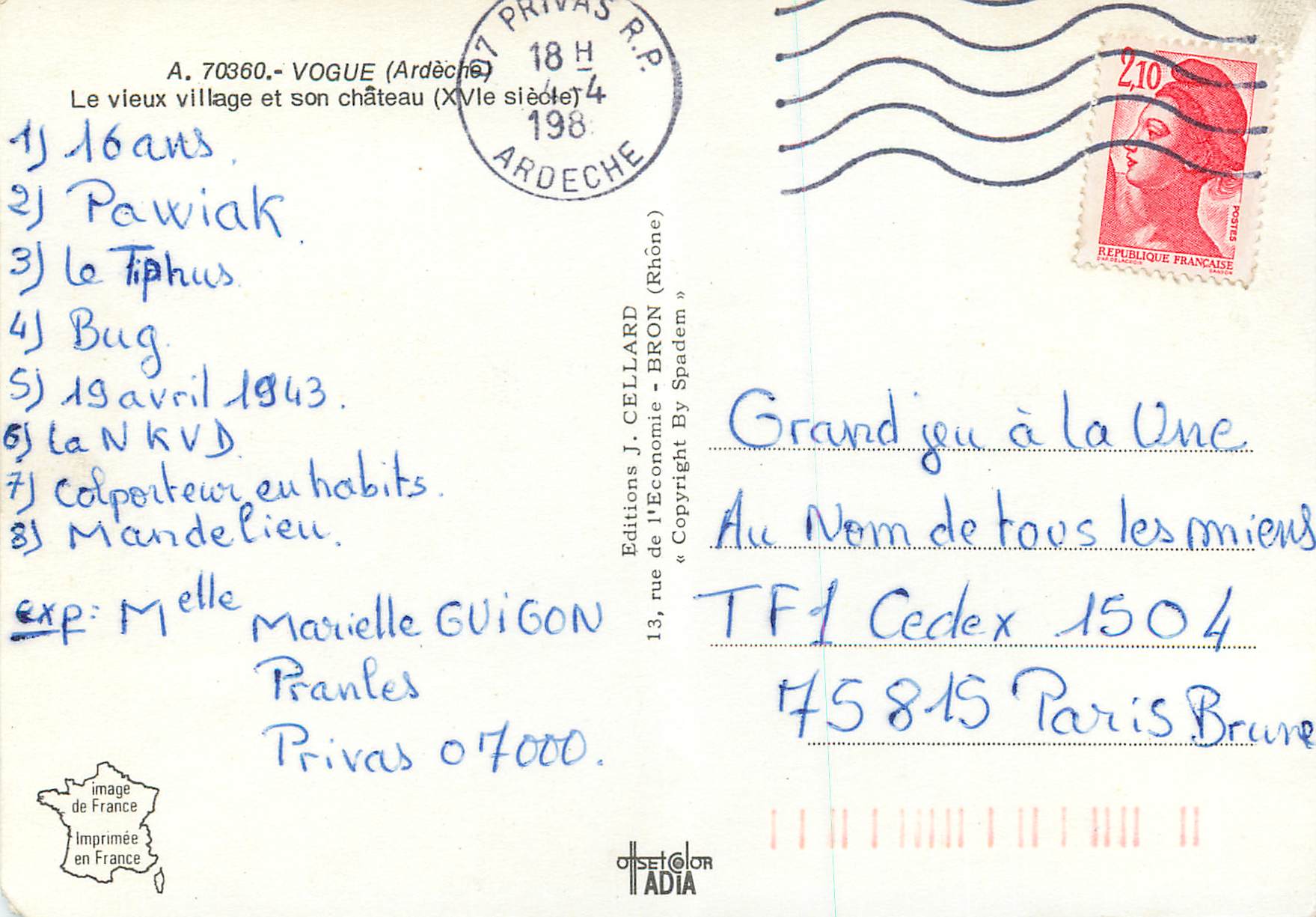 CPM Vogue (Ardeche)Les vieux village et sont Chateau (XVIe Seicle) — Rückseite