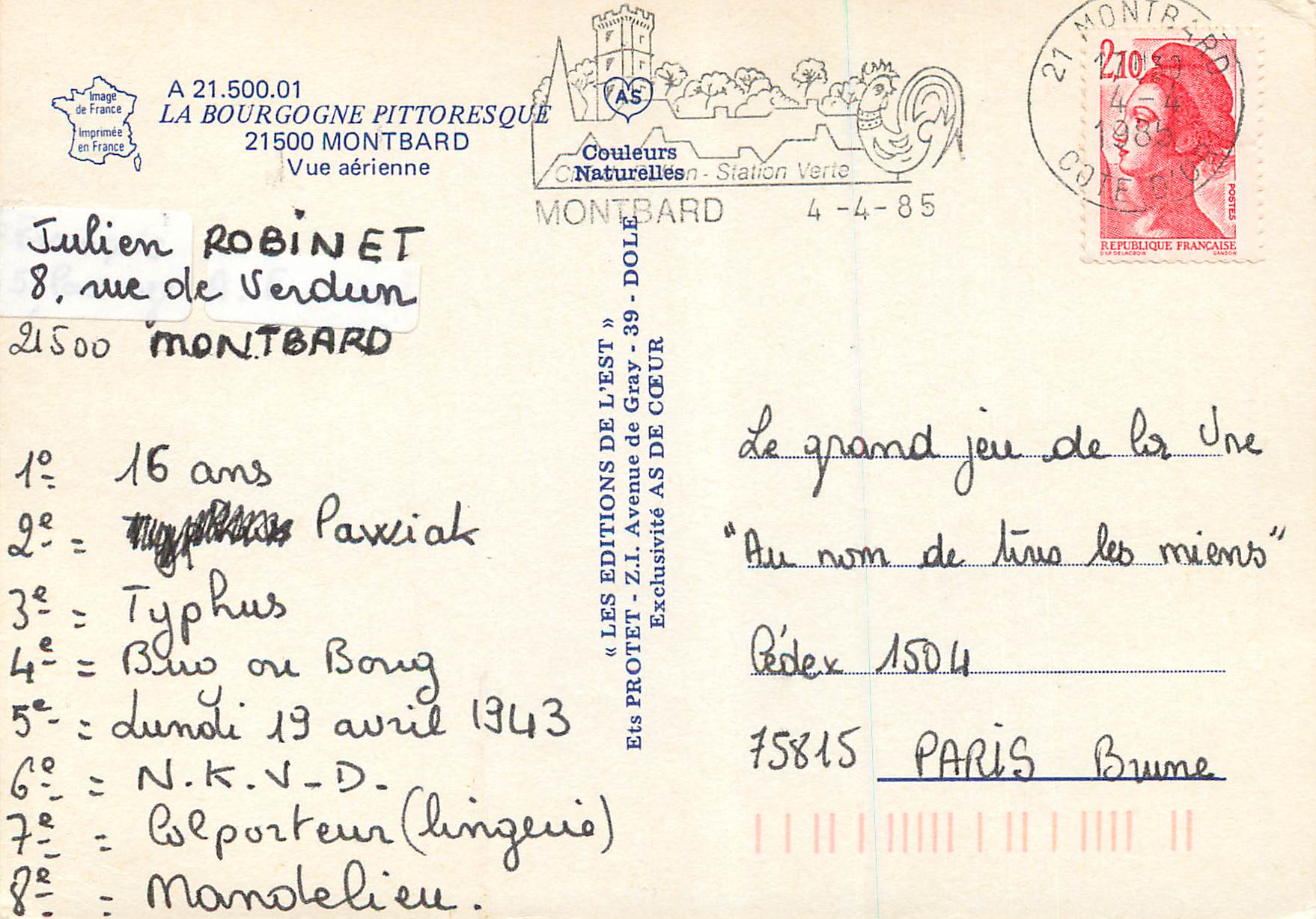 CPM La Bourgogne Pittoresque MontBard vue aerienne — Rückseite