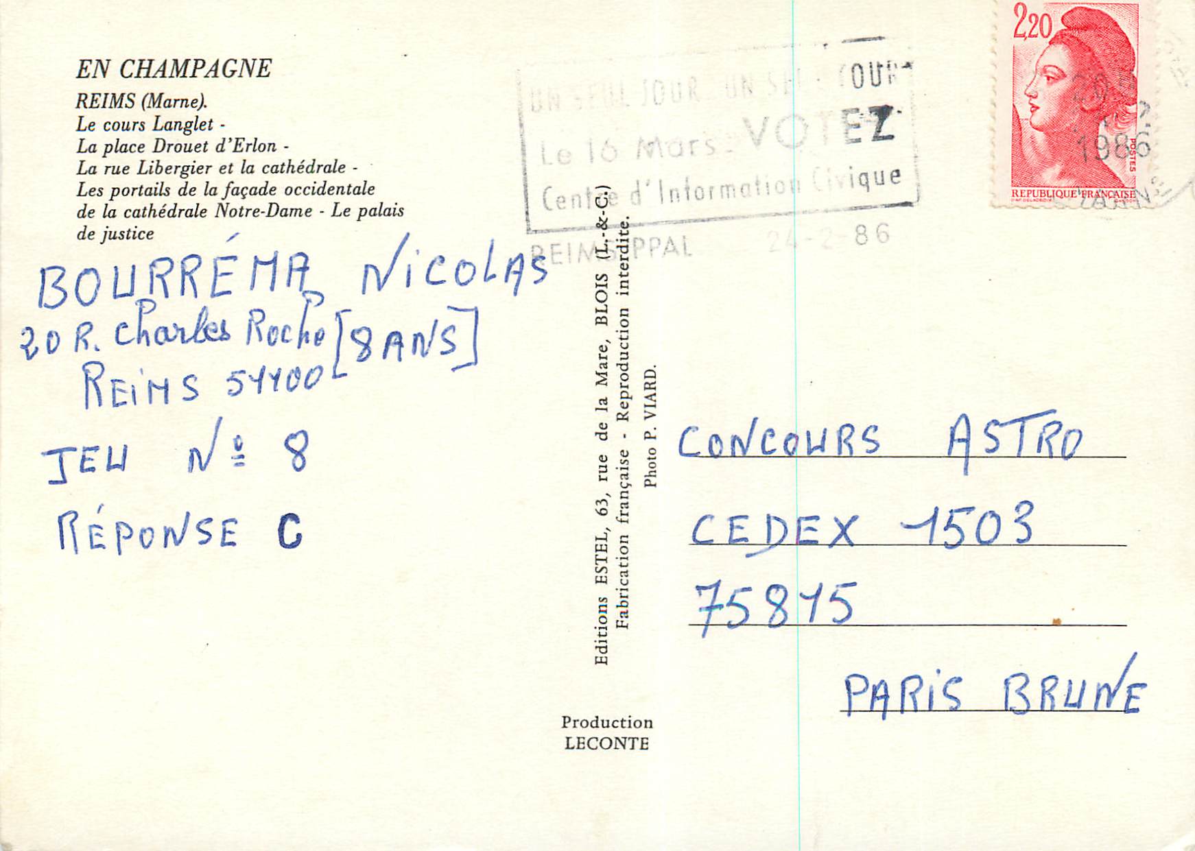 Reims — vue panoramique et monuments — Éditeur Estel, n°8 — Rückseite