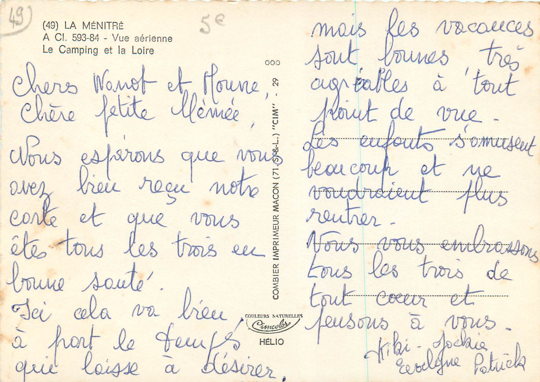CPM La Menitre Vue aerienne Le Camping et la Loire — Rückseite
