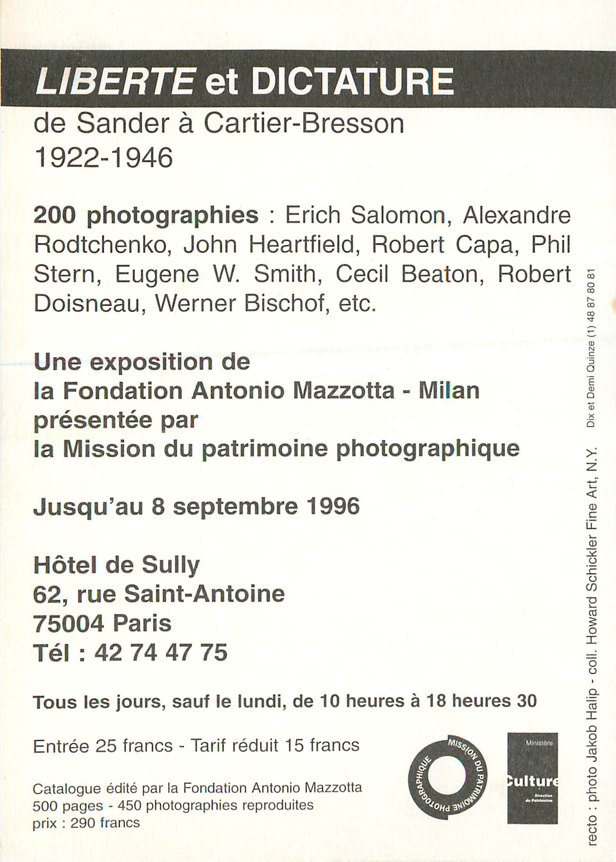 CPM Liberte et Dictature de Sander a Cartier Bresson Hotel de Sully Rue Saint Antoine Paris — Rückseite