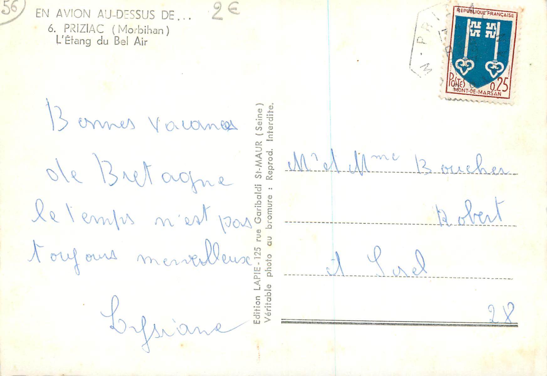 Priziac (Morbihan) — L'Étang du Bel Air — Édition LAPIE — Rückseite