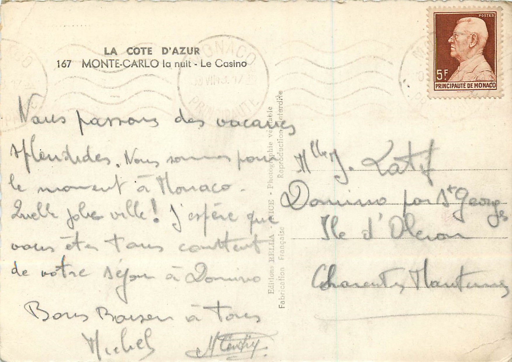 CPM La Cote d'Azur Monte Carlo La nuit La Casion — Verso