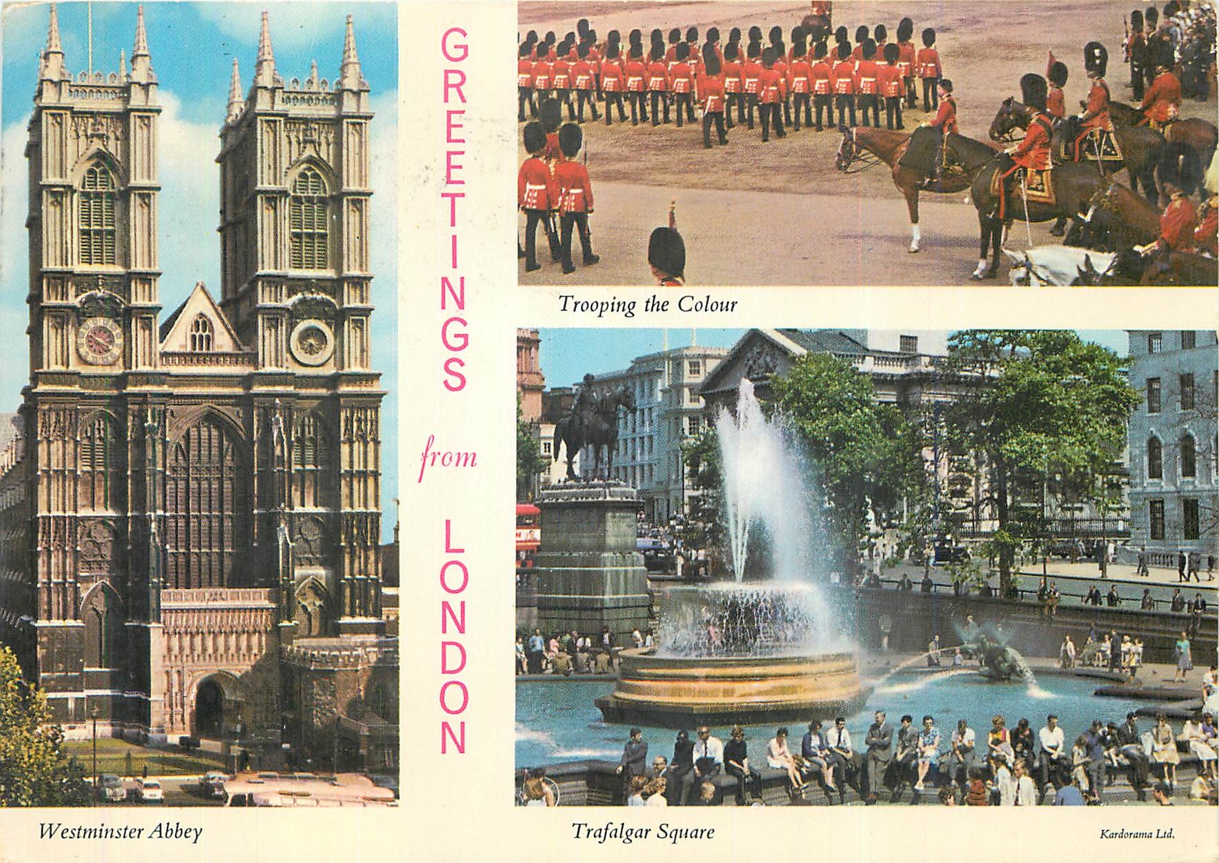 CPM Greetings from London Westminster Abbey Trooping the colour Trafalgar Square Militaria