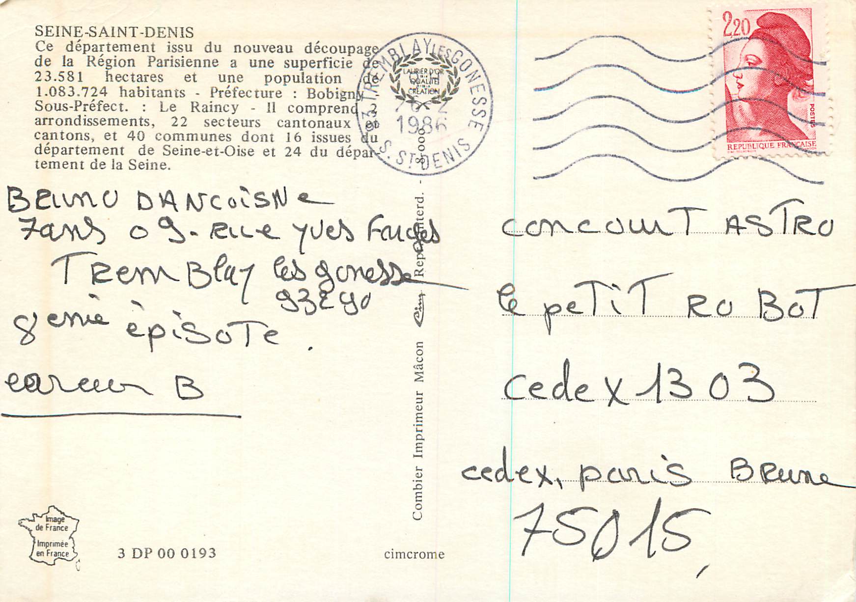 CPM Seine Saint Denis  Bondy Sevran Aulnay sous Bois Montreuil Le Raincy St Denis Epinay Clichy Livry Gargan — Rückseite