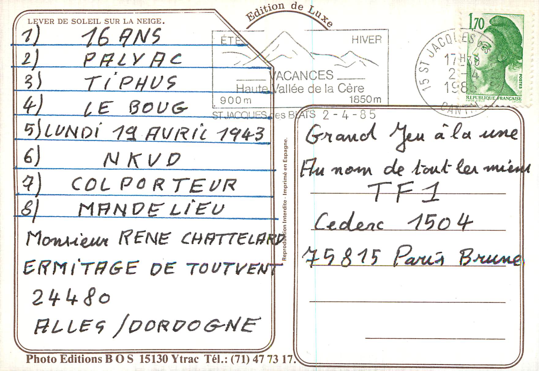 CPM Lever de Soleil sur la Neige — Verso