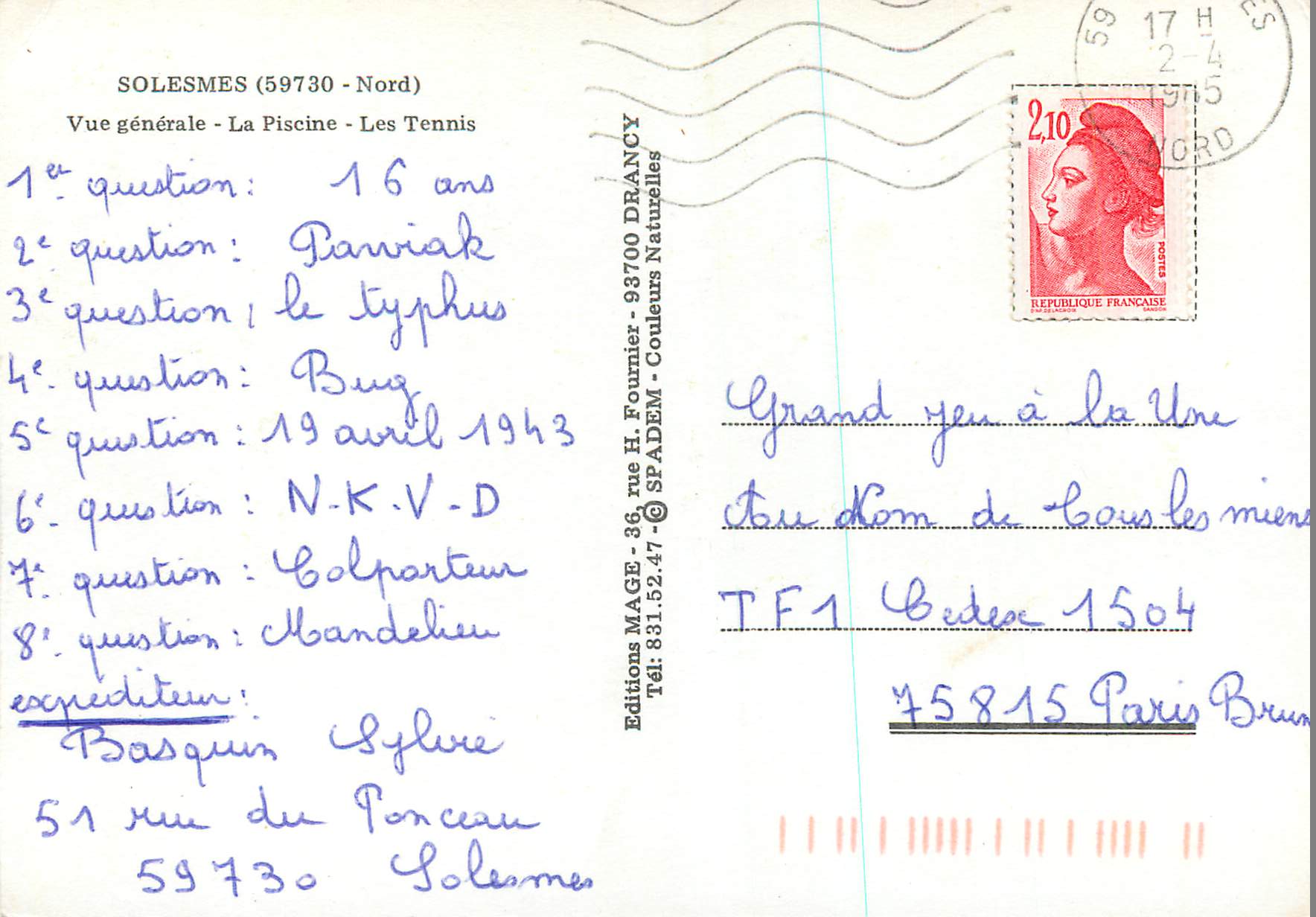 CPM Solesmes (Nord)Vue generale La Piscine Les Tennis — Rückseite