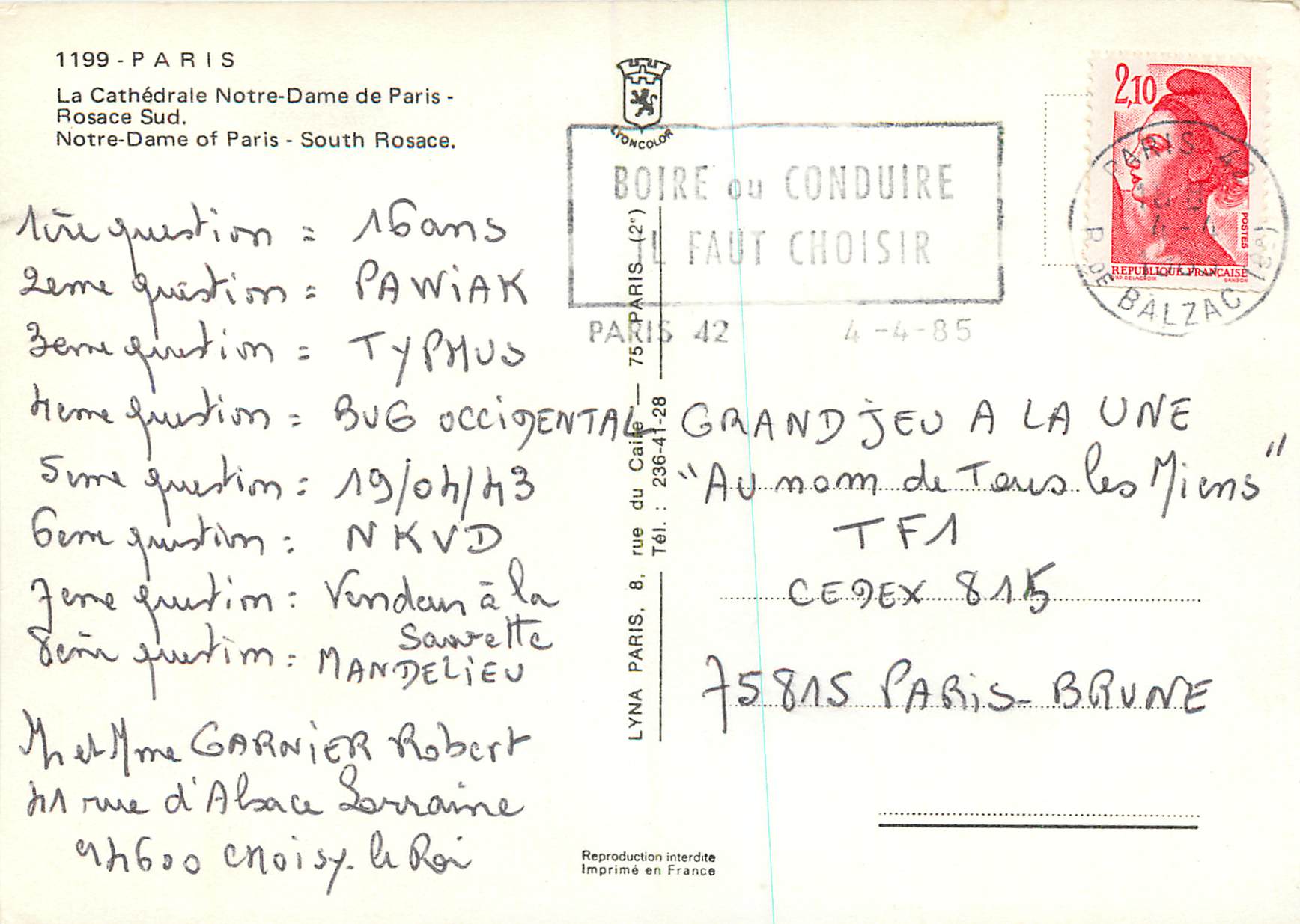 CPM Paris La Cathedrale Notre Dame de Paris Rosace Sud — Verso