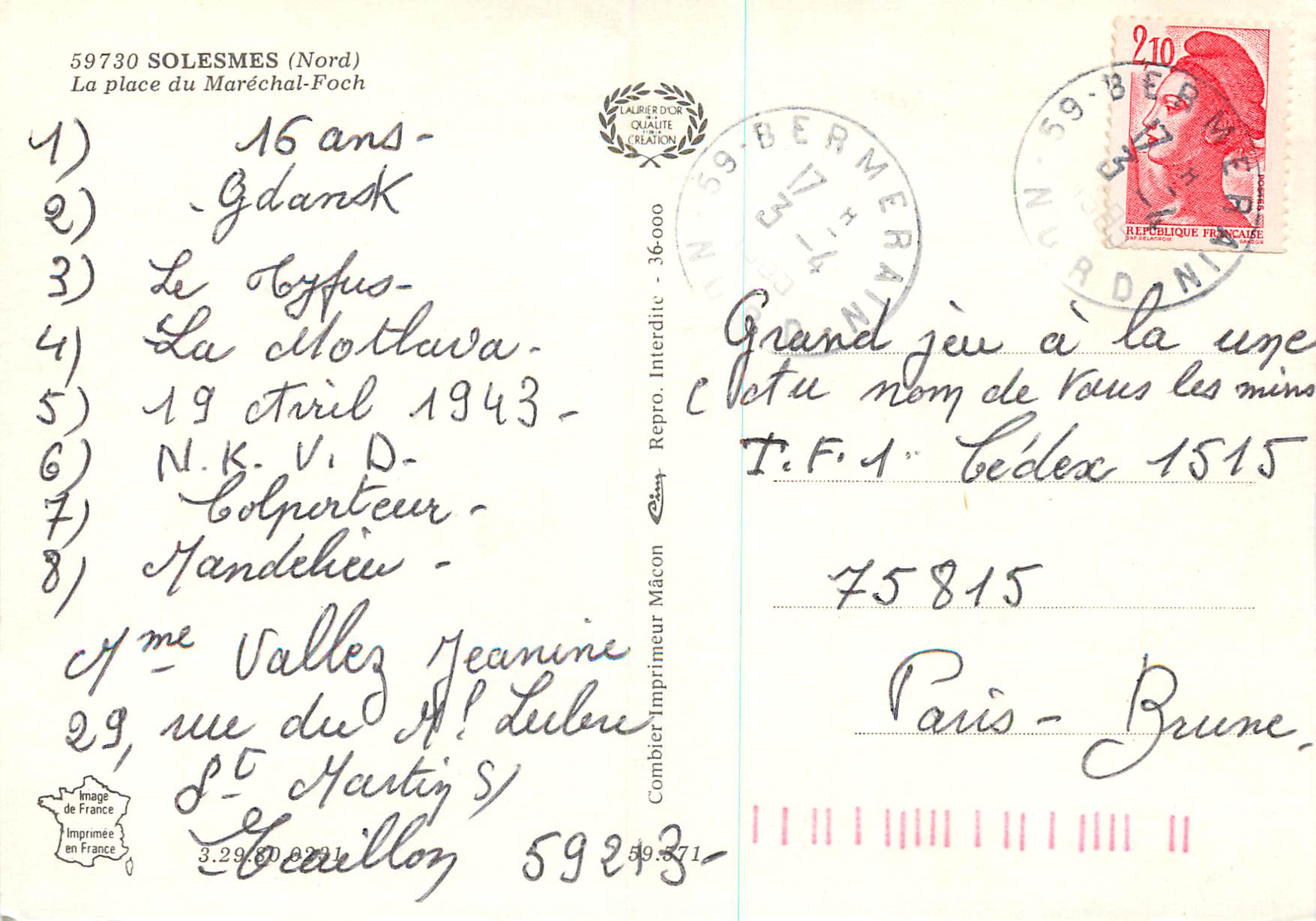 CPM Solesmes (Nord)La place du Marechal Foch — Verso