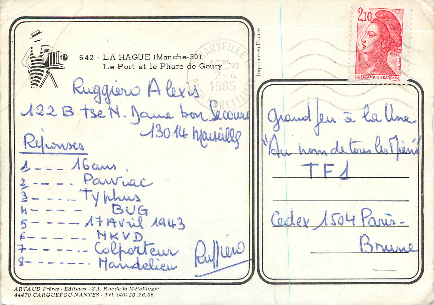 Le Port et le Phare de Goury — La Hague (Manche-50) — ARTAUD Frères - Editeurs — Rückseite