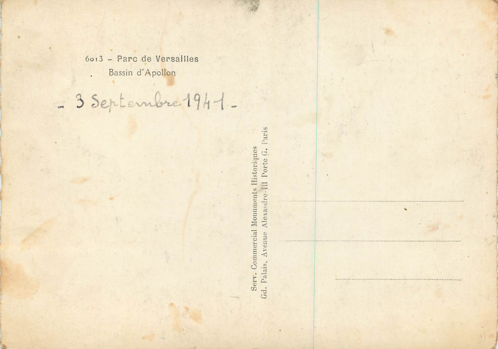 CPM Parc de Versailles Bassin d'Apollon — Verso