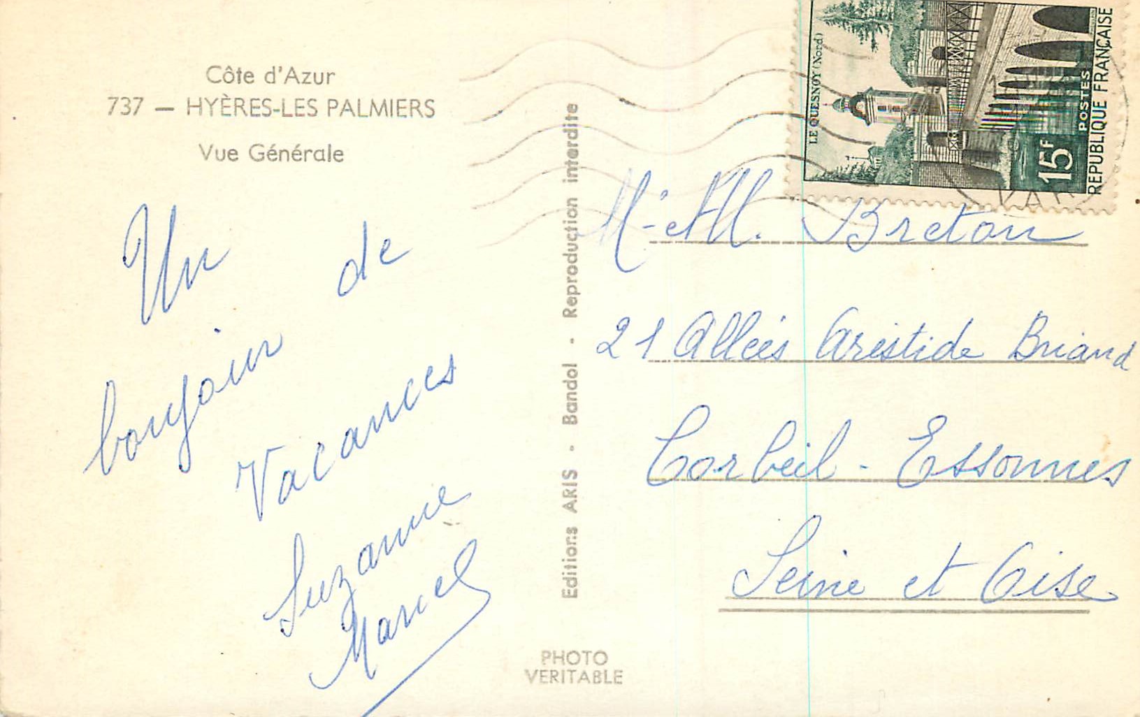 CPM Hyeres les Palmiers vue generale Cote d'Azur — Verso