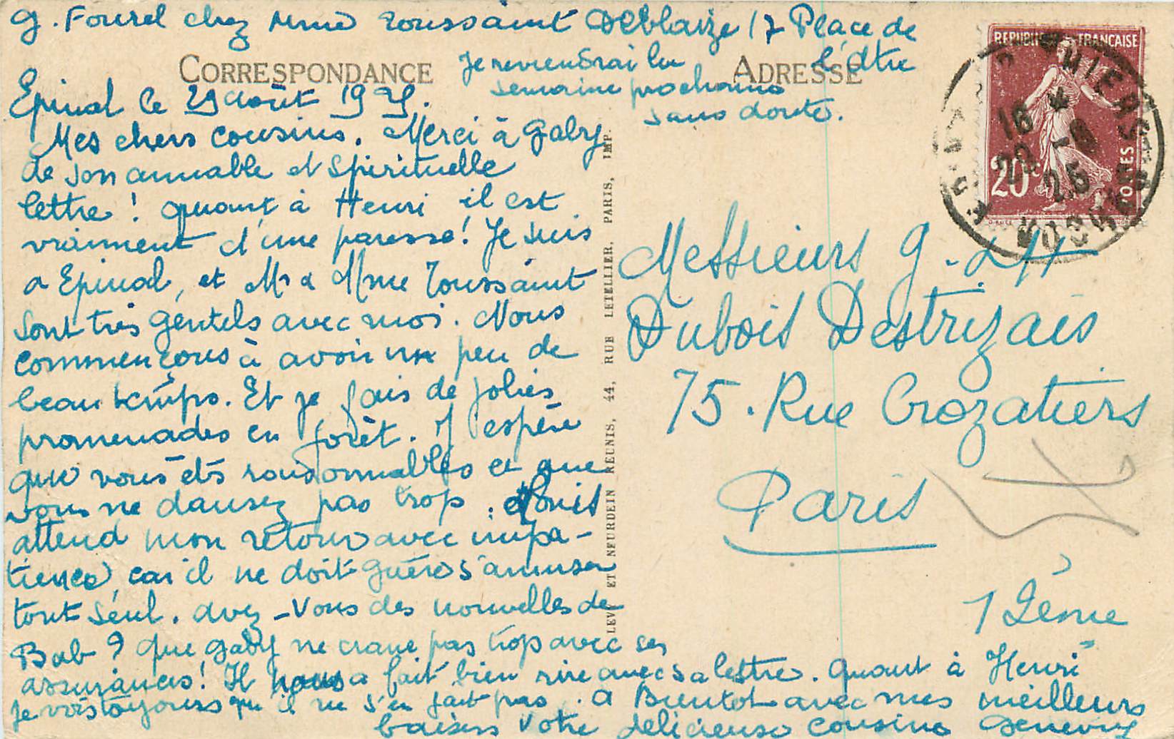 CPA Epinal le bois de la vierge le rochet  — Rückseite