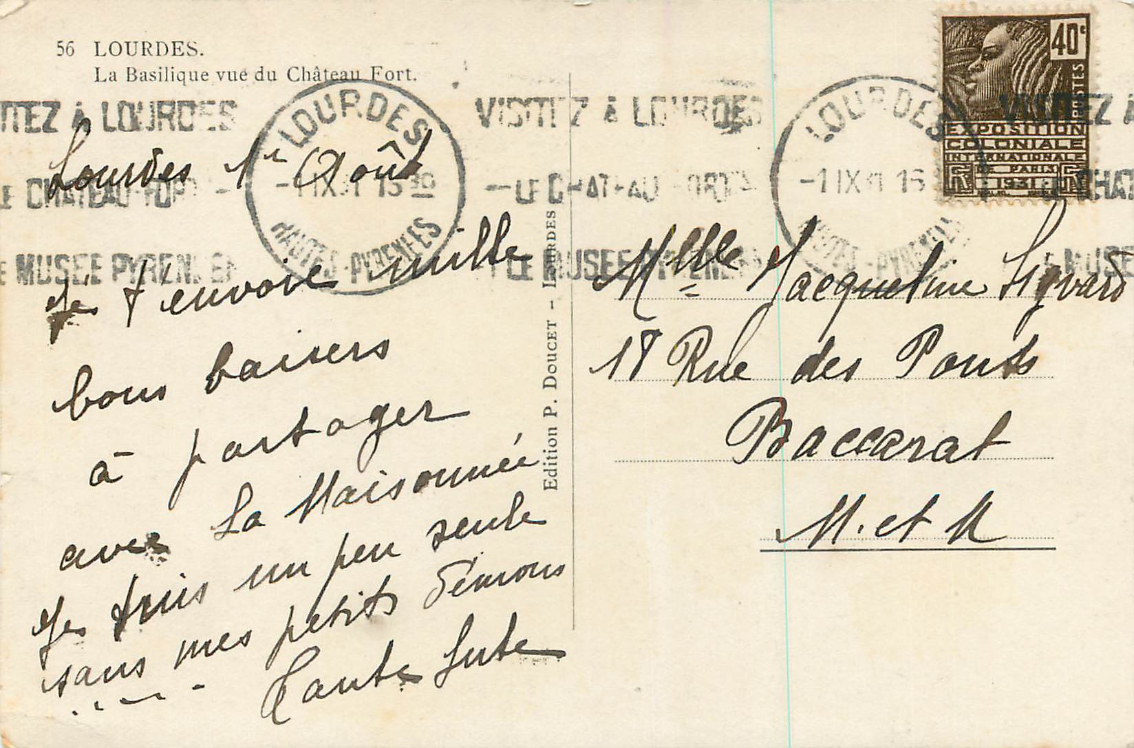 Lourdes — La Basilique vue du Château Fort — Edition P. Doucet, n°56 — Verso