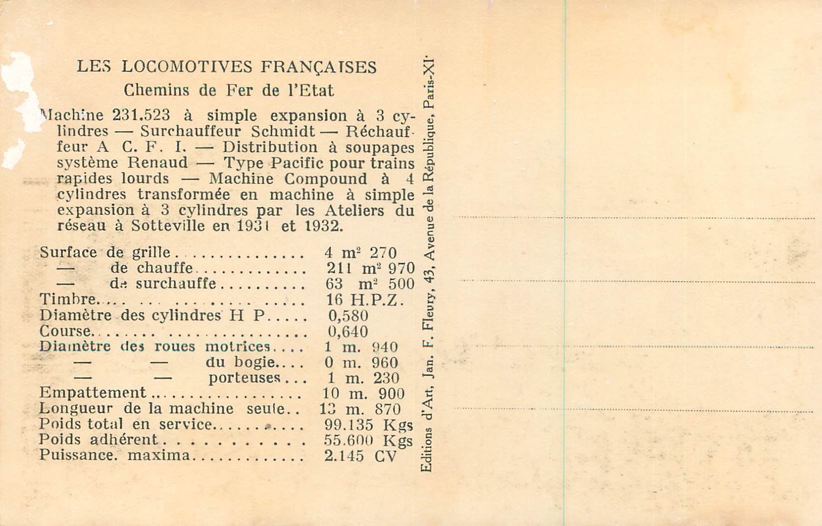 CPM Chemins de fer la locomotives francaise Train Machine 231 523 a simple expansion — Verso