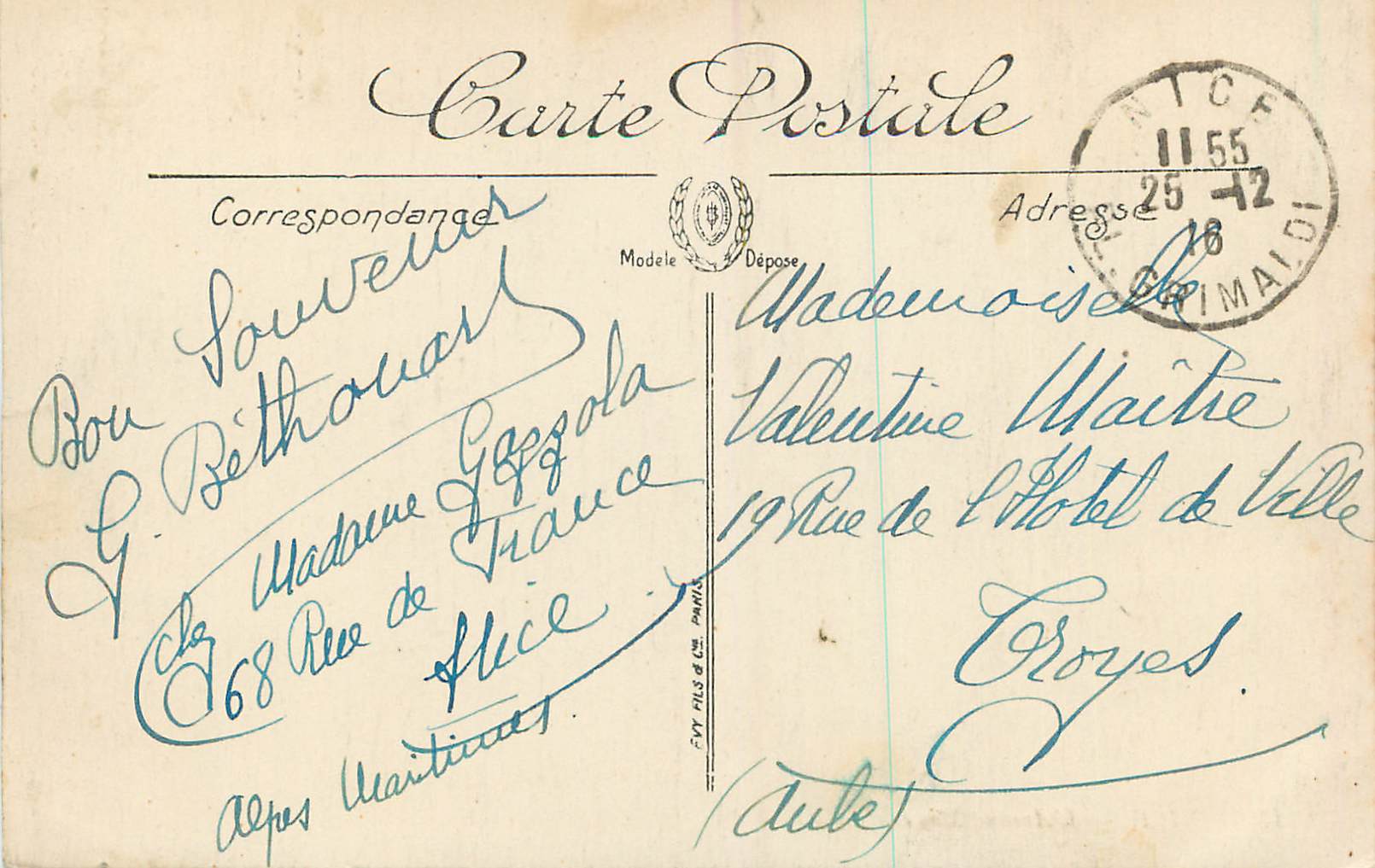 CPA Nice la place Massena 109 — Rückseite