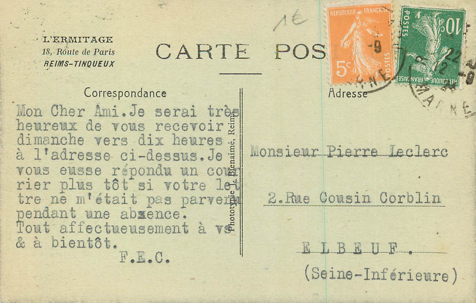 CPA l'Ermitage route de Paris Reims tinqueux — Rückseite