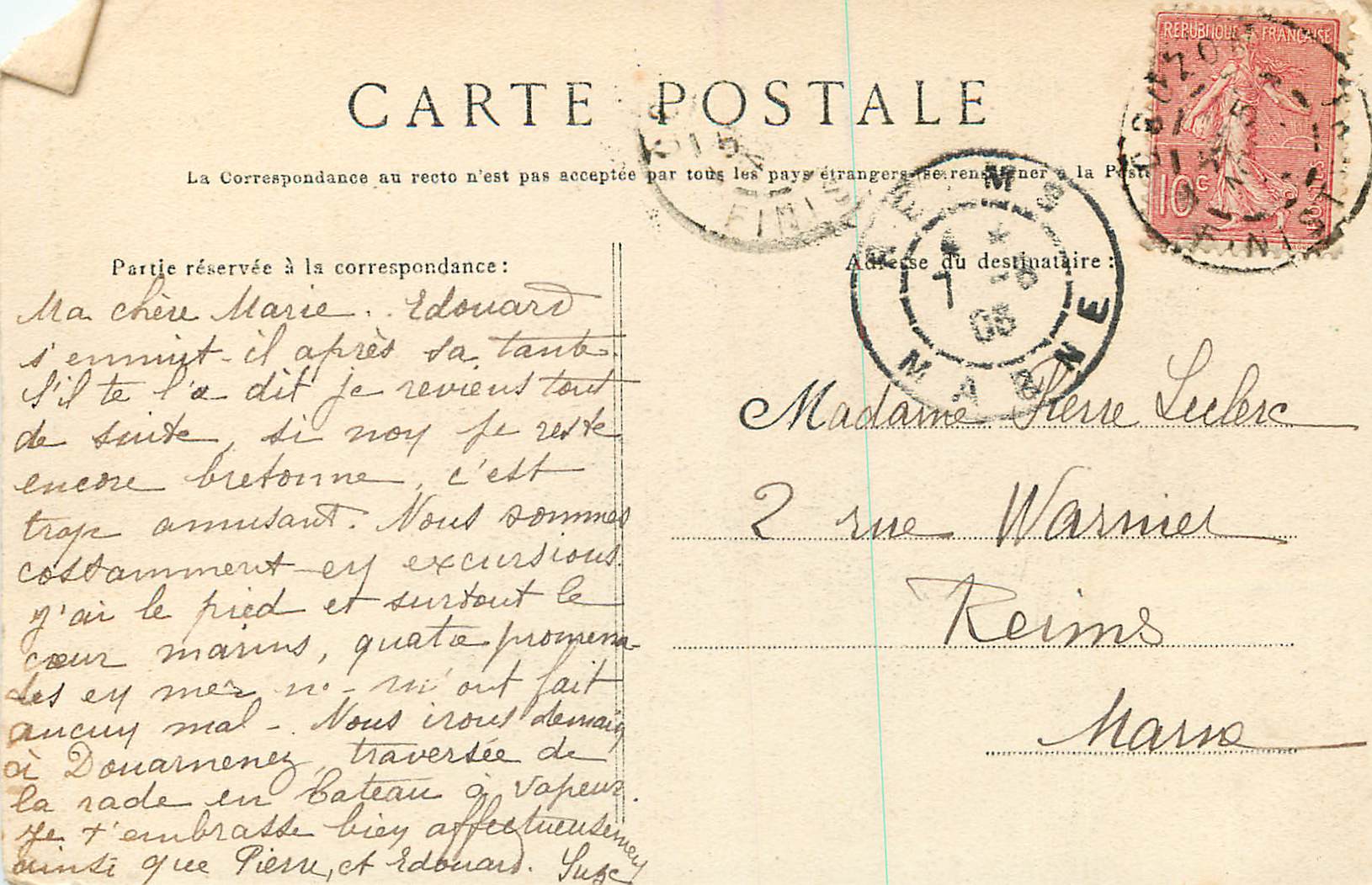 CPA Camaret la grotte marie leveque au toulinguet — Rückseite