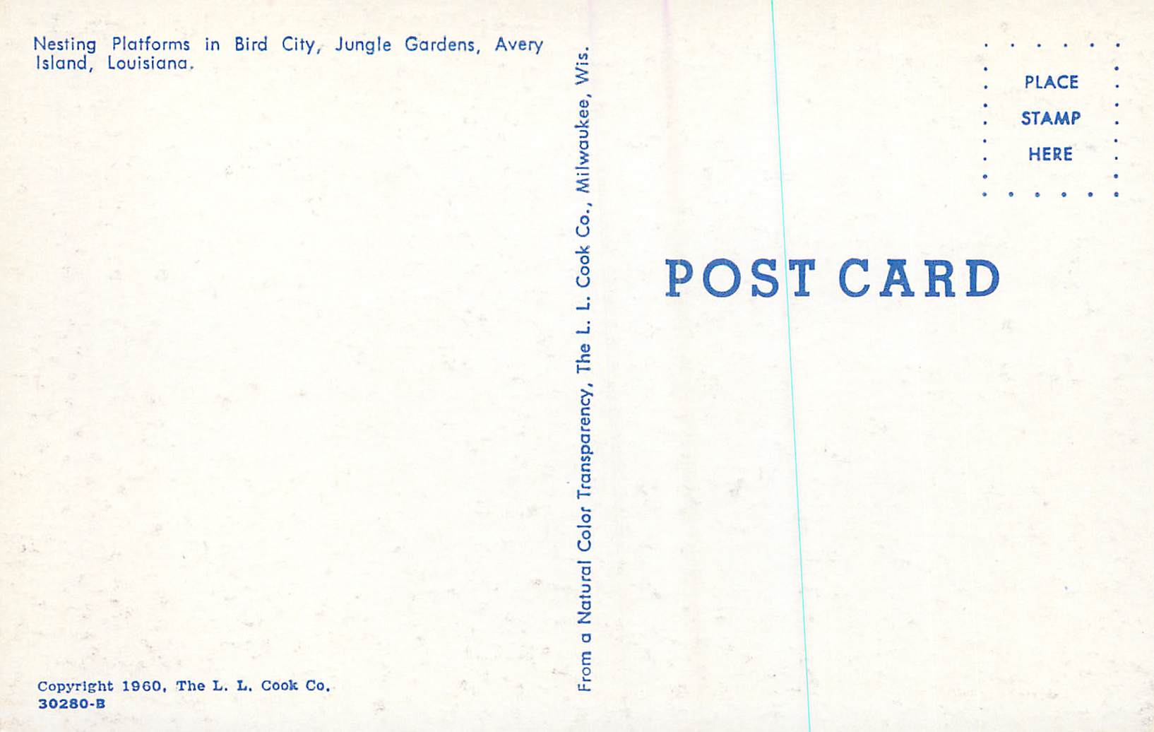Nesting Platforms in Bird City, Jungle Gardens, Avery Island, Louisiana — The L. L. Cook Co., 30280-B — Reverso