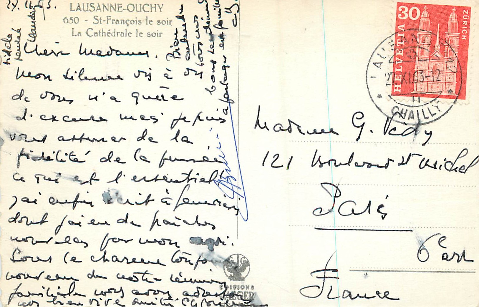CPM Lausanne Ouchy St Francois le soir Le Cathedrale le soir — Rückseite