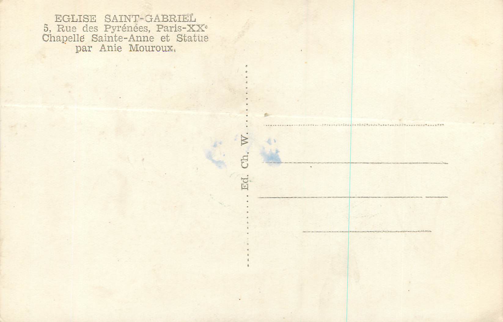 CPA Eglises Saint Gabriel Rue des Pyrenees Paris Chapelle Sainte Anne et Statute par Anie Mouroux  — Verso