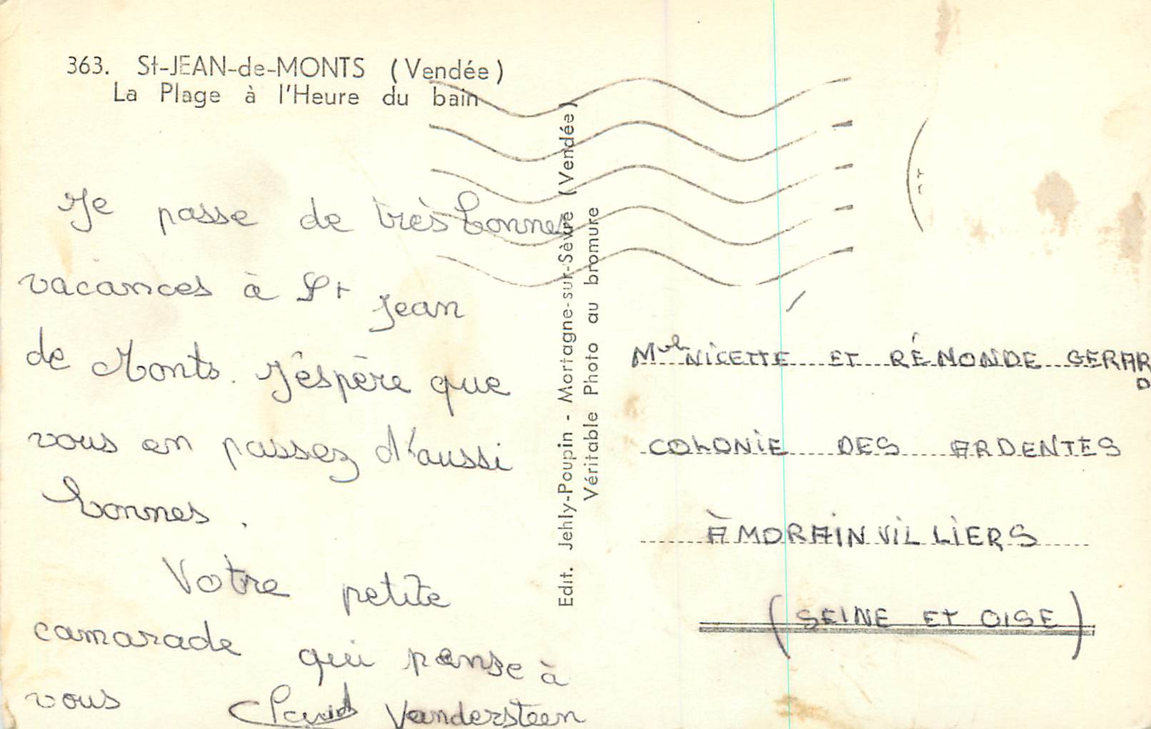 CPM St Jean de Monts La Plage a l'heure du bain — Verso