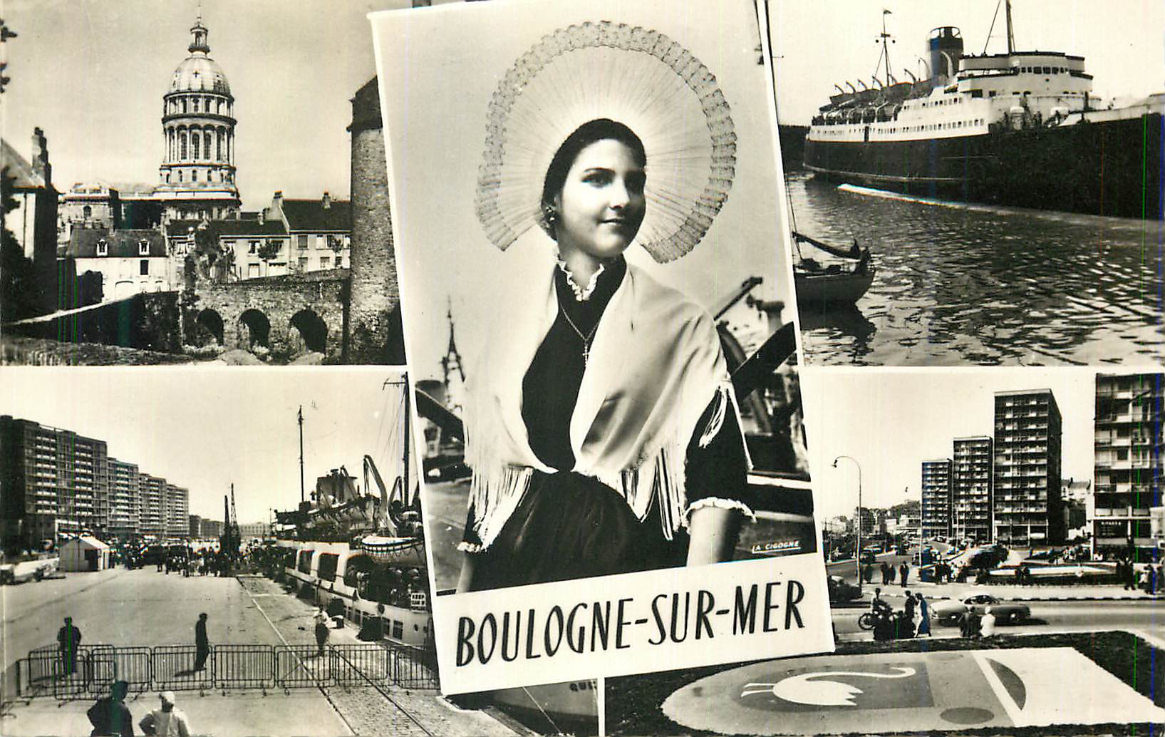 Boulogne-sur-Mer — vue panoramique avec femme en costume local — Éditions La Cigogne - Recto
