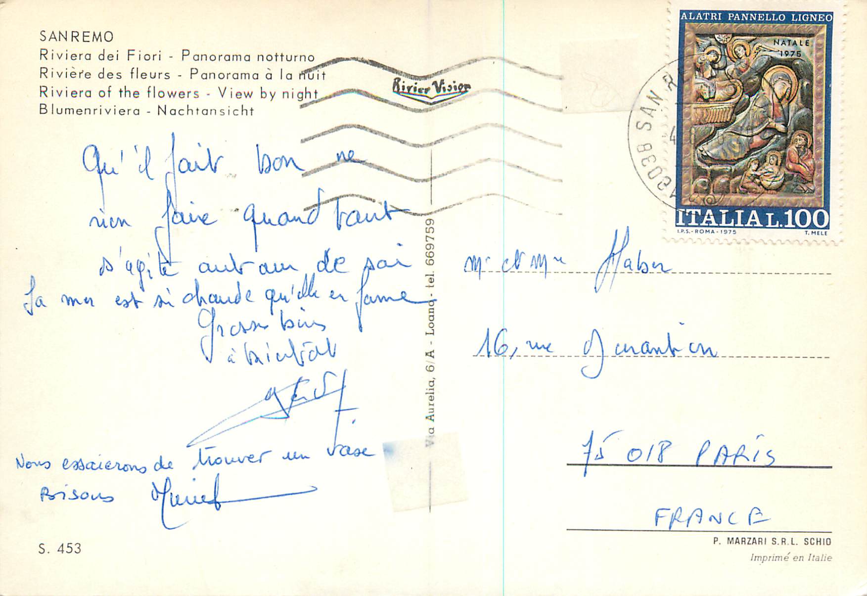 CPM Sanremo Riviere des fleurs Panorama a la nuit — Rückseite