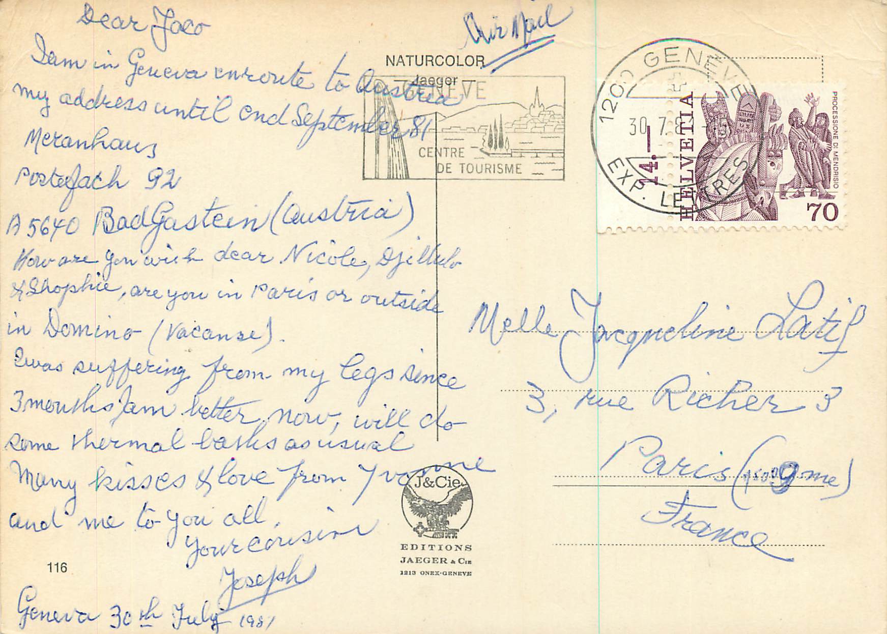CPM Souvenir de Geneve — Verso