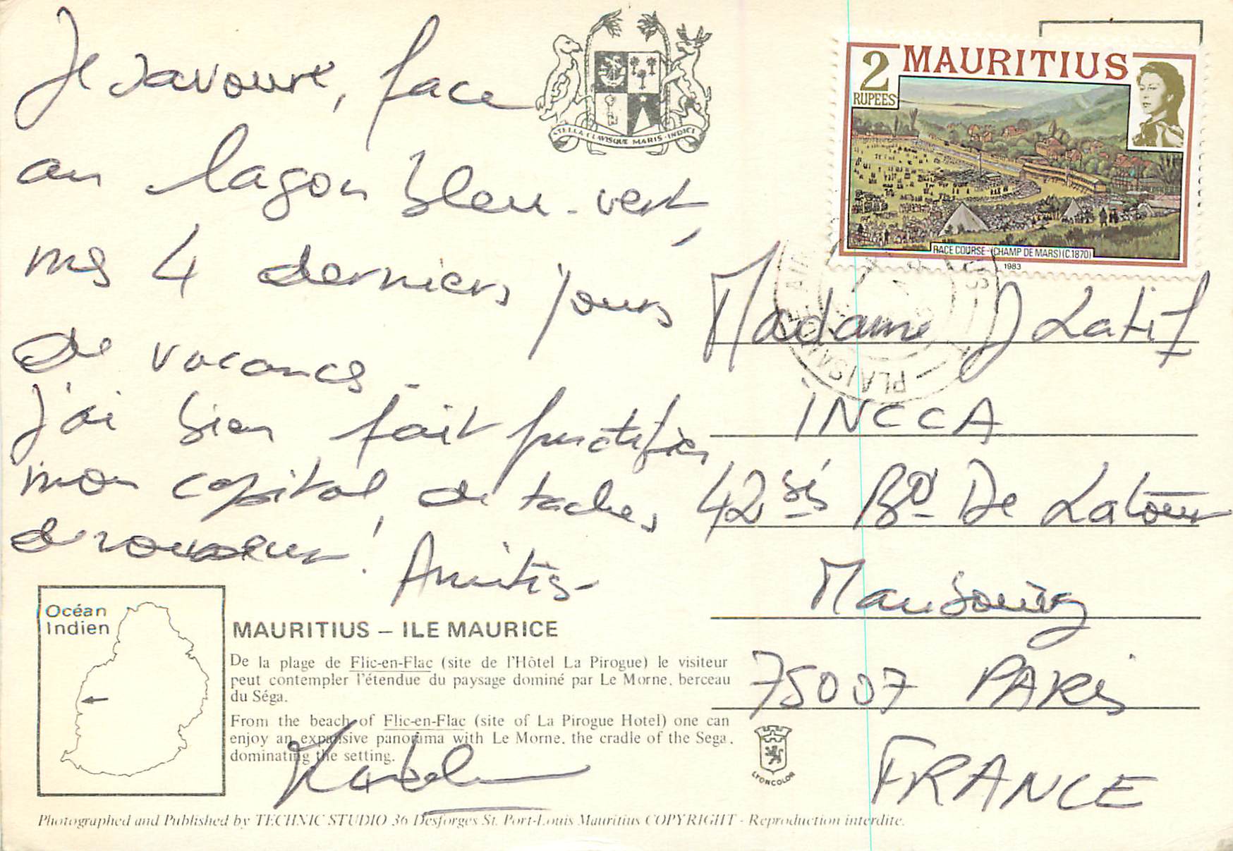 CPM Ile Maurice Le Morne vu de la plage Flic en Flanc — Rückseite