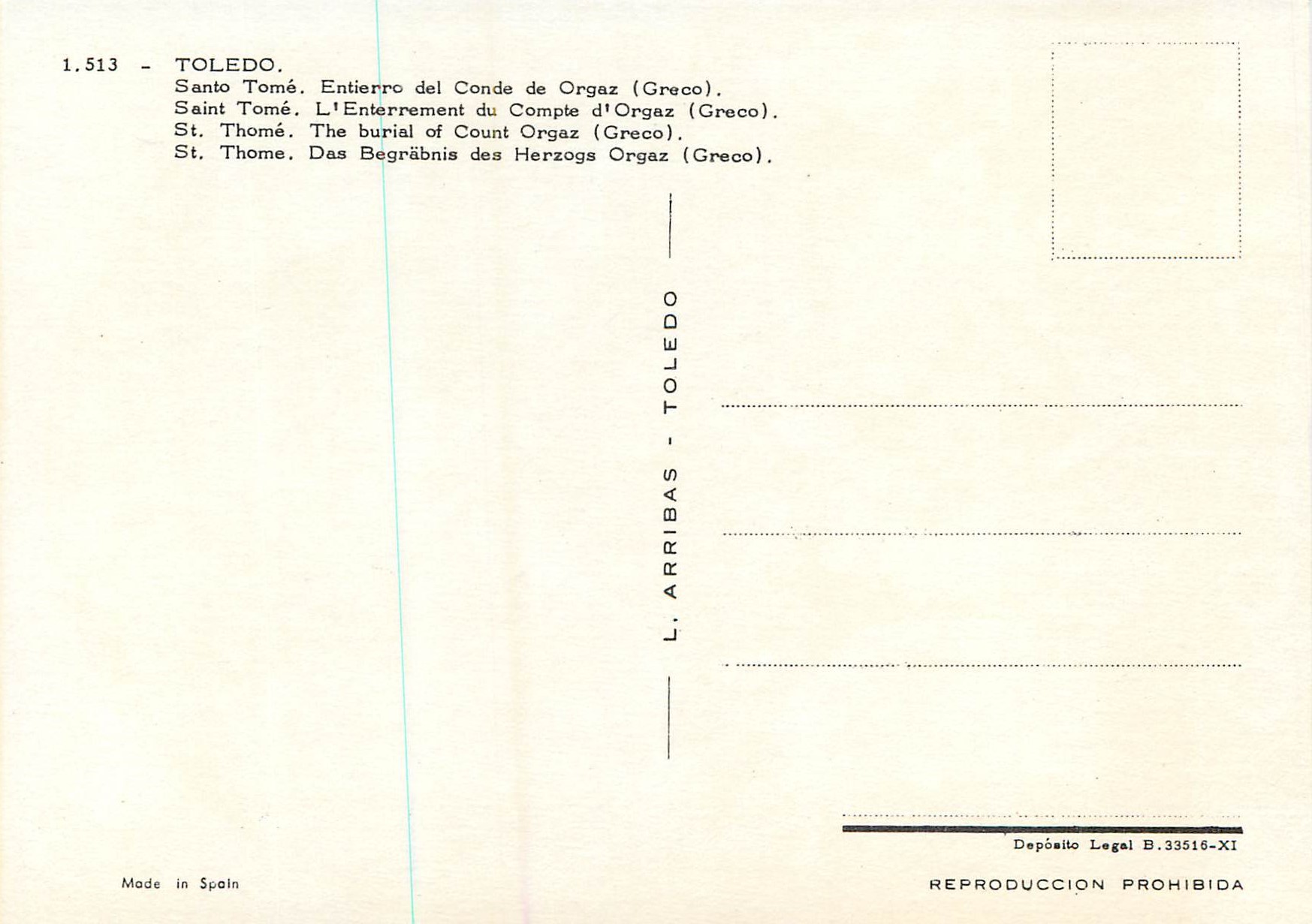 CPM Toledo Saint Tome L'Enterrement du compte d'Orgaz (Greco) — Back