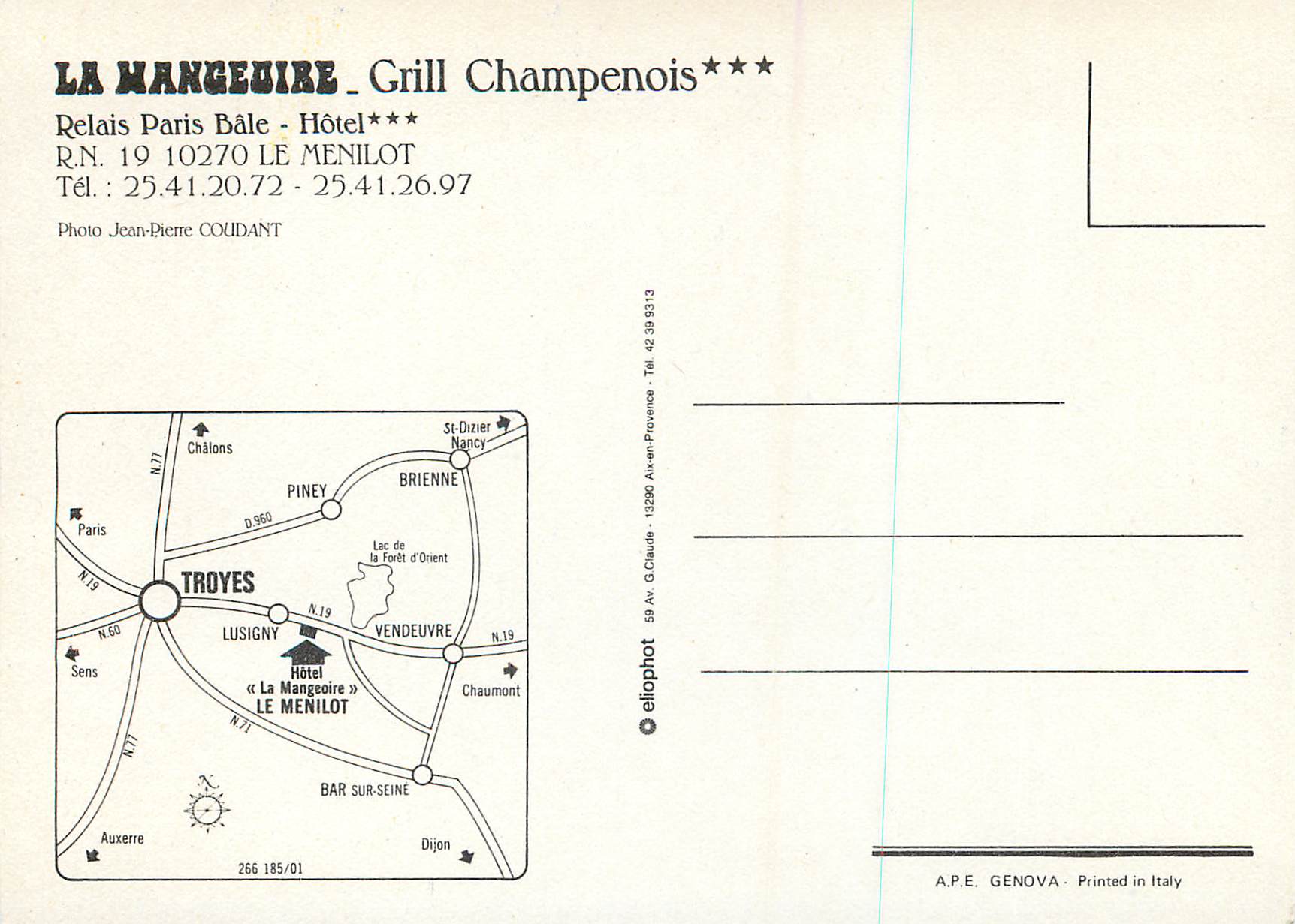 CPM La Mangeuire Grill Champenois Relais Paris Bale Hotel — Rückseite