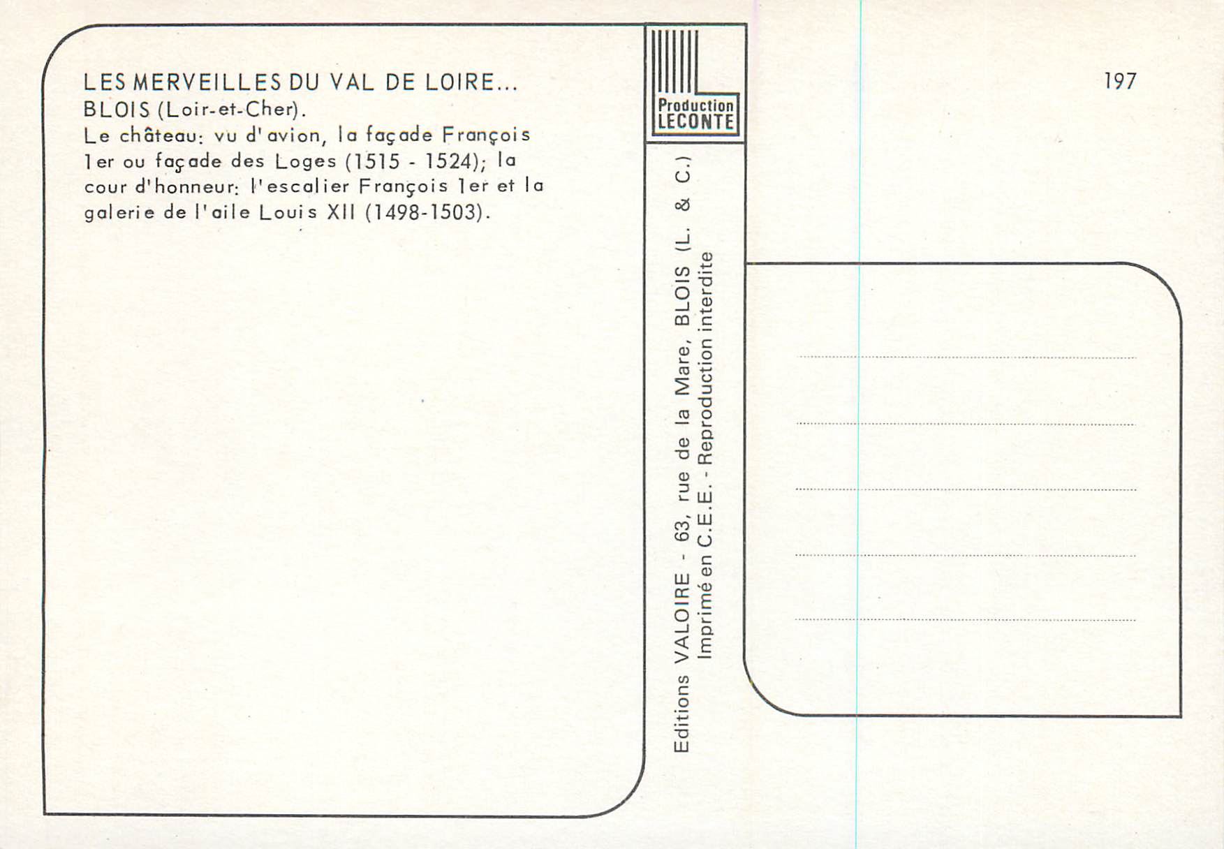 CPM Les Merveilles du Val de Loire Blois (Loir et Cher)Le Chateau vu d'avion  la facade Francois 1er — Rückseite
