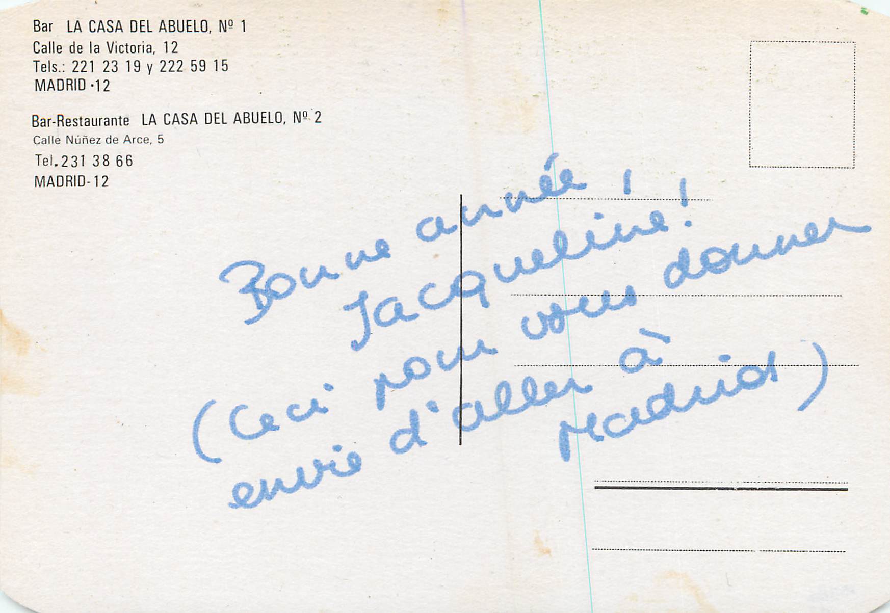 CPM Bar Restaurante La Casa Del Abuelo Calle de la victoria Madrid — Rückseite