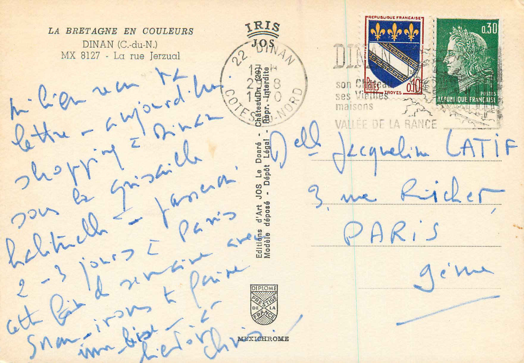 CPM La Bretagne en Couleurs Dinan (C du N)La rue Jerzual — Rückseite