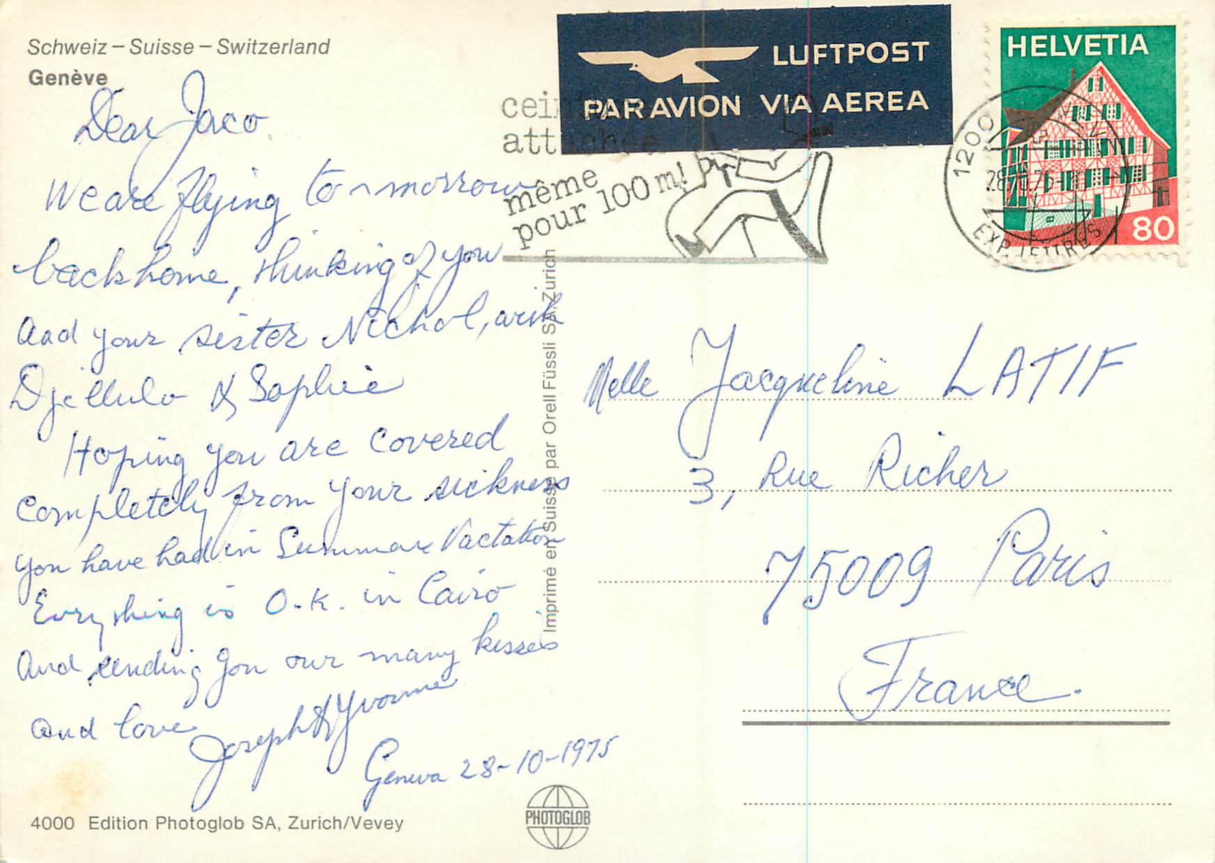 CPM Souvenir de Geneve Suisse Avion — Verso