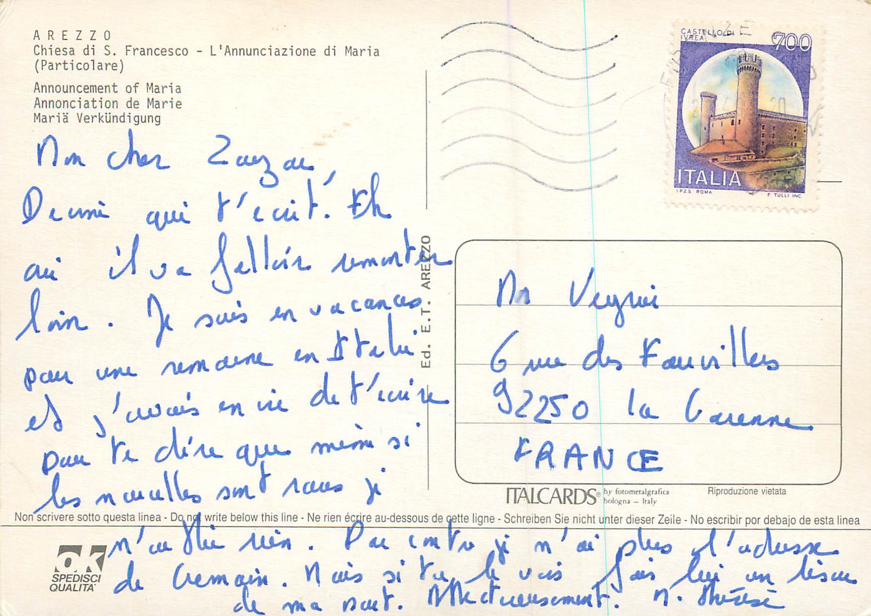 CPM Arezzo Chiesa di S Francesco L'Annunciazione di Maria (Particolare)Annociation de Marie — Rückseite