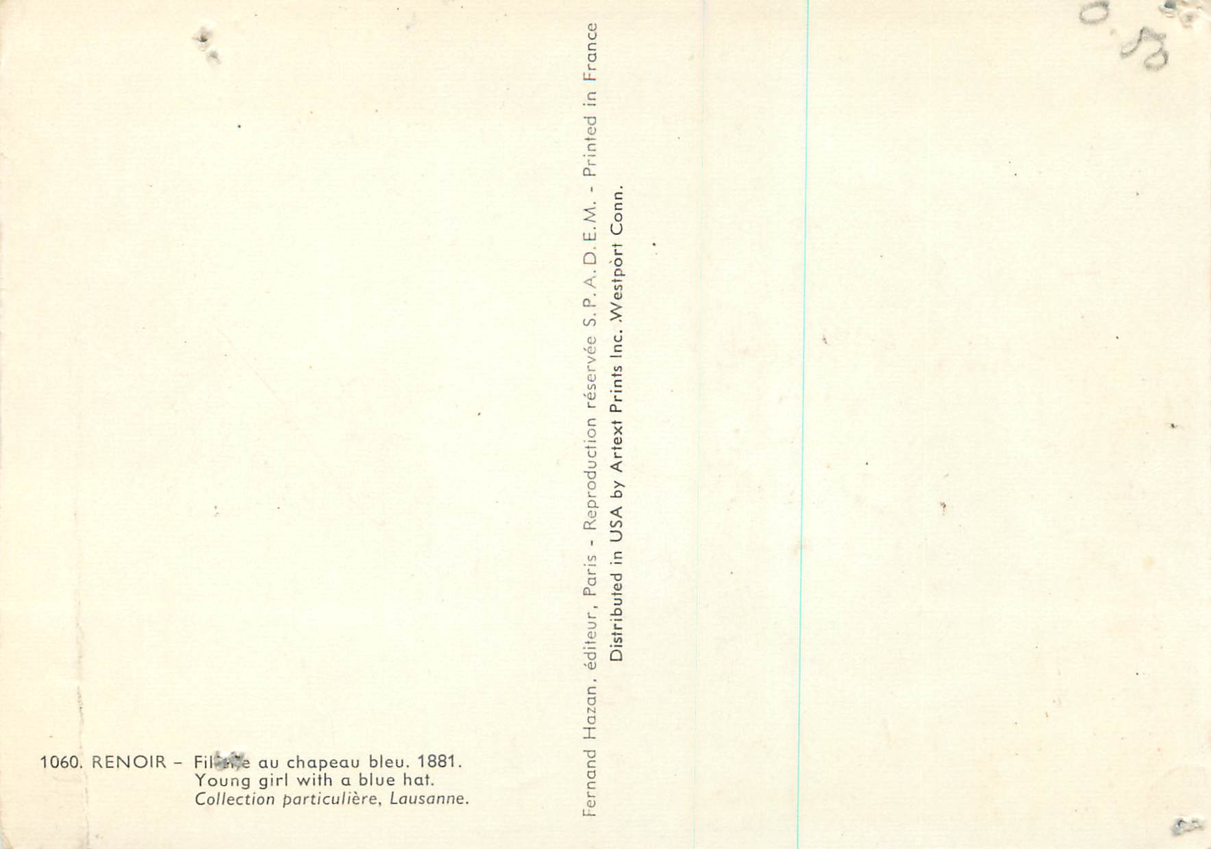 Fille au chapeau bleu — 1881 — Fernand Hazan, éditeur, n° 1060 — Verso
