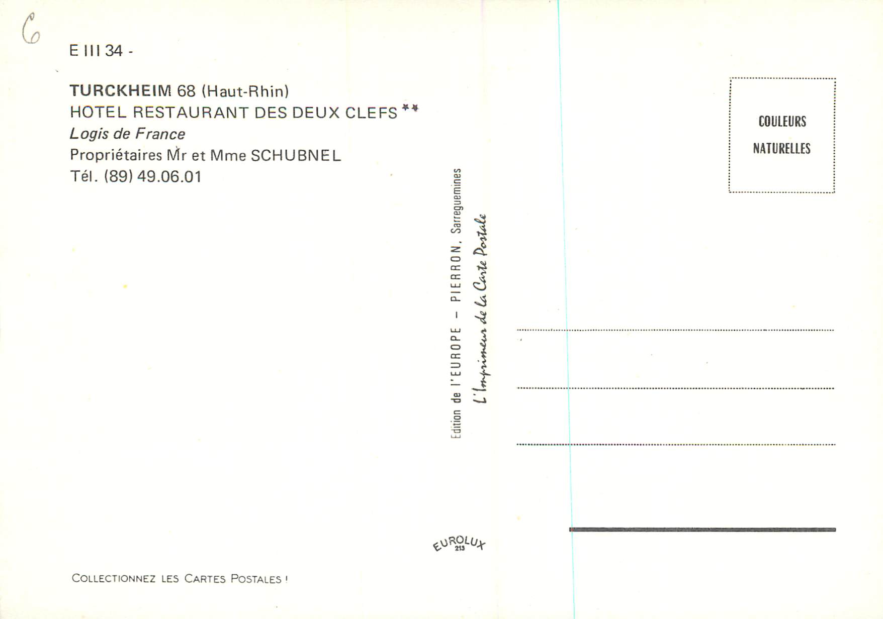 Restaurant des Deux Clefs — Turckheim (Haut-Rhin) — Édition Europ — Rückseite