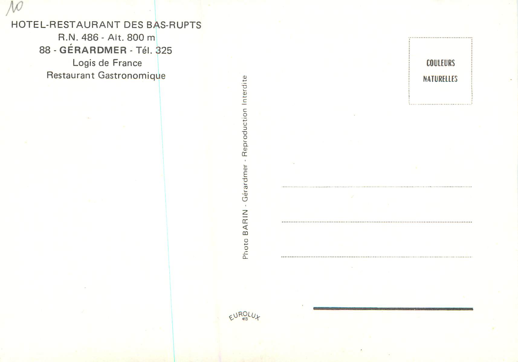 CPM Hotel restaurant des bas rupts Gerardmer Logis de France — Rückseite