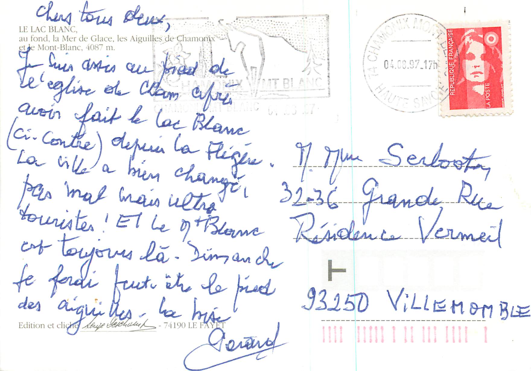 Le Lac Blanc — Mont Blanc, Aiguilles de Chamonix — Édition et cliché Xaup Béchard - 74190 Le Fayet — Verso