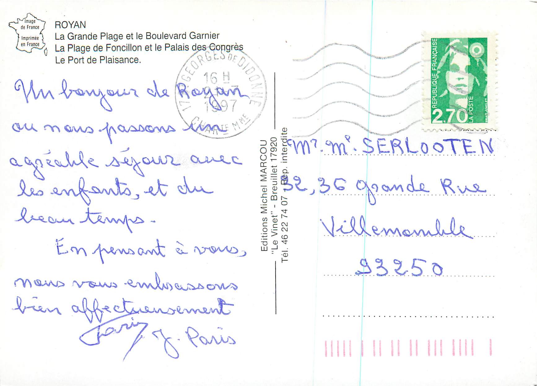 Royan — Plage, Boulevard Garnier, Port de Plaisance — Éditions Michel MARCOU — Rückseite