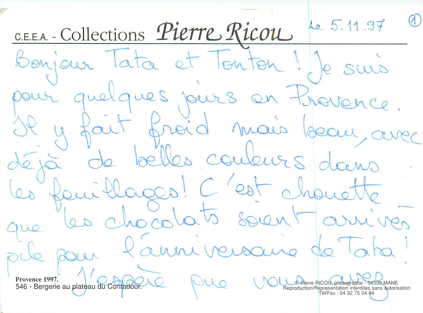 Bergerie au plateau du Contador — Provence 1997 — Pierre Ricou, n°546 — Verso