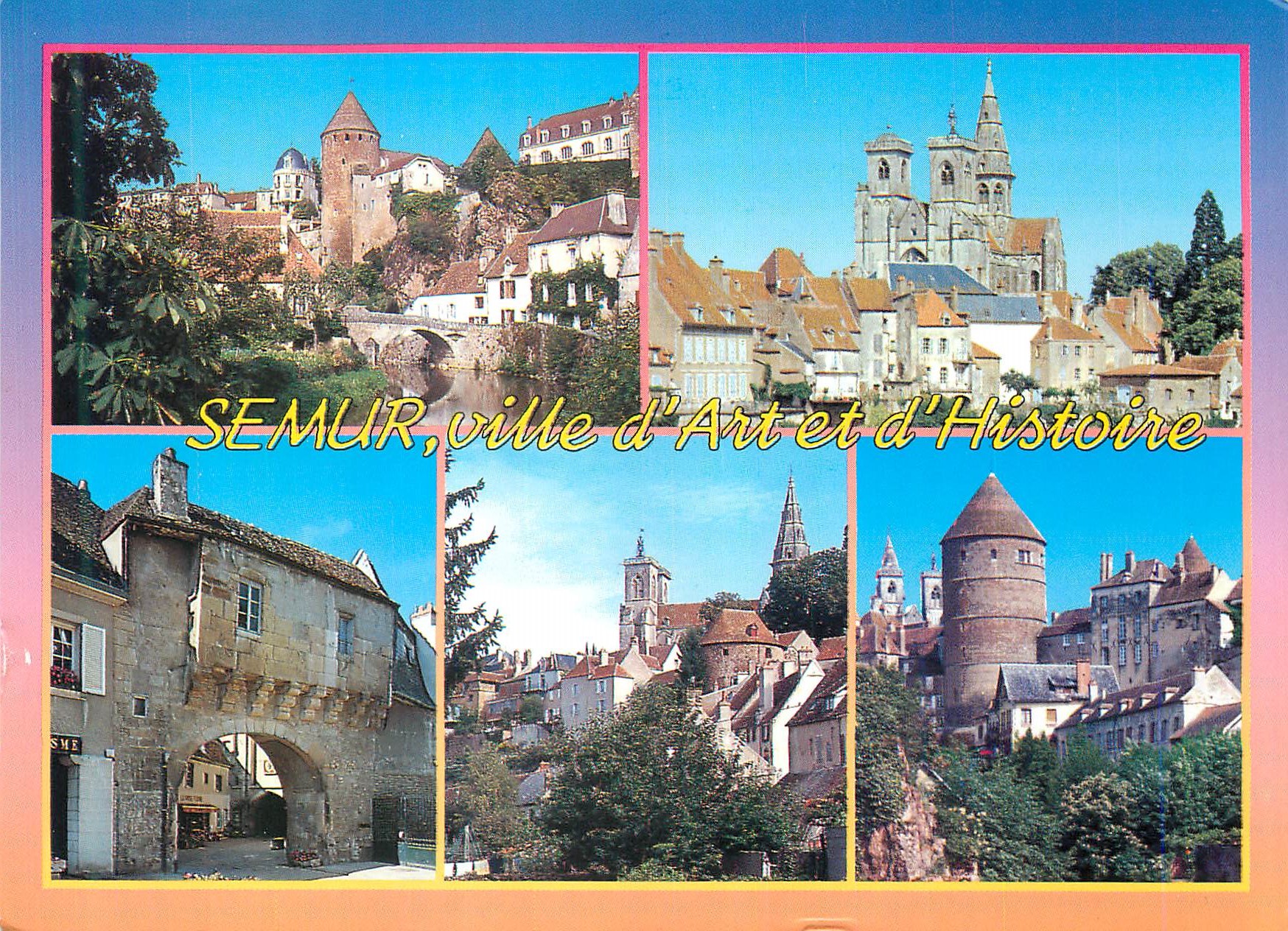 CPM Semur en Auxois (Cote d'Or)Bords de l'Armancon Eglise Notre Dame (XIII XVIe s)Porte Sauvigny (XVe S)L'Eglise et les 